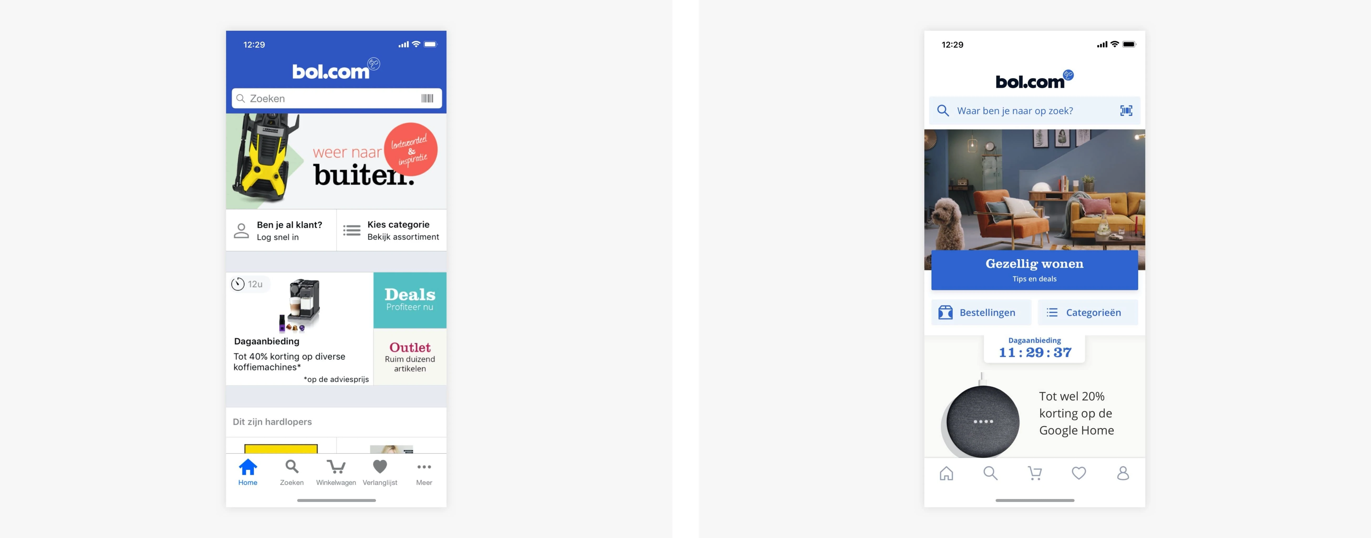 Left: The old homepage: no personalized content and aside from the logo not instantly recognizable as bol.com app. / Right: The new homepage: personalized content and banners and updated to match the branding of bol.com.