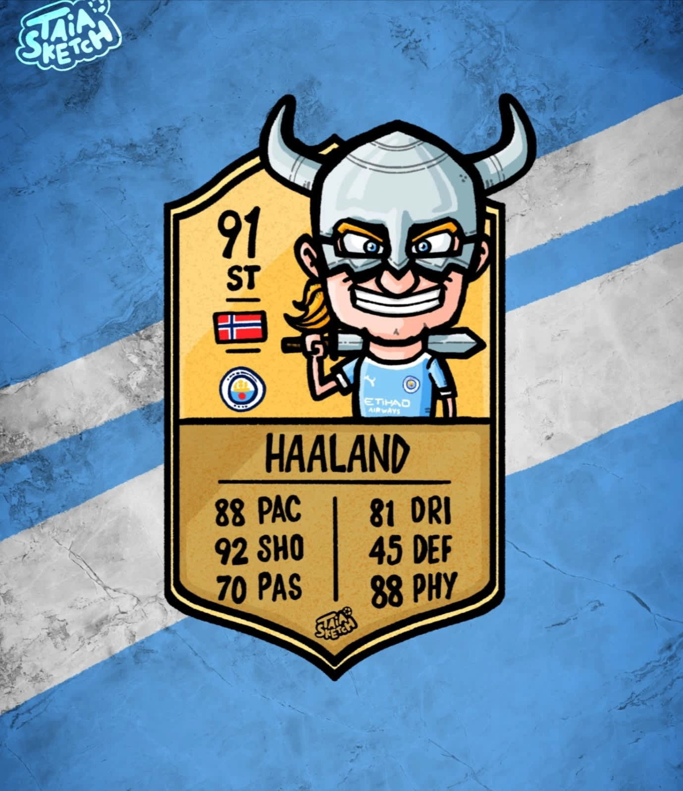 Digital Artwork representing the Erling Haaland Card from the EA FC 2025 Game , it shows Haaland as a Vikings Warrior