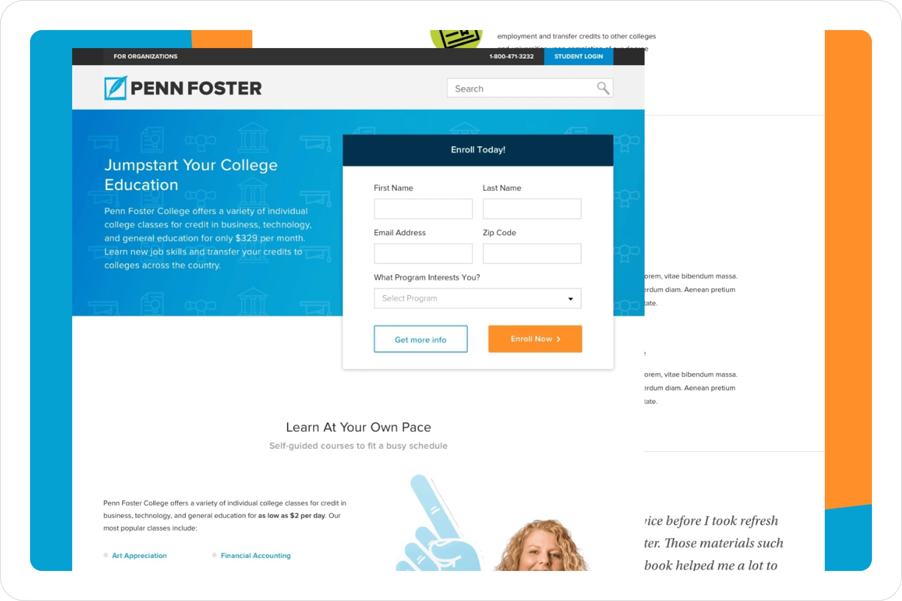 Landing page for online education company Penn Foster (client concept).