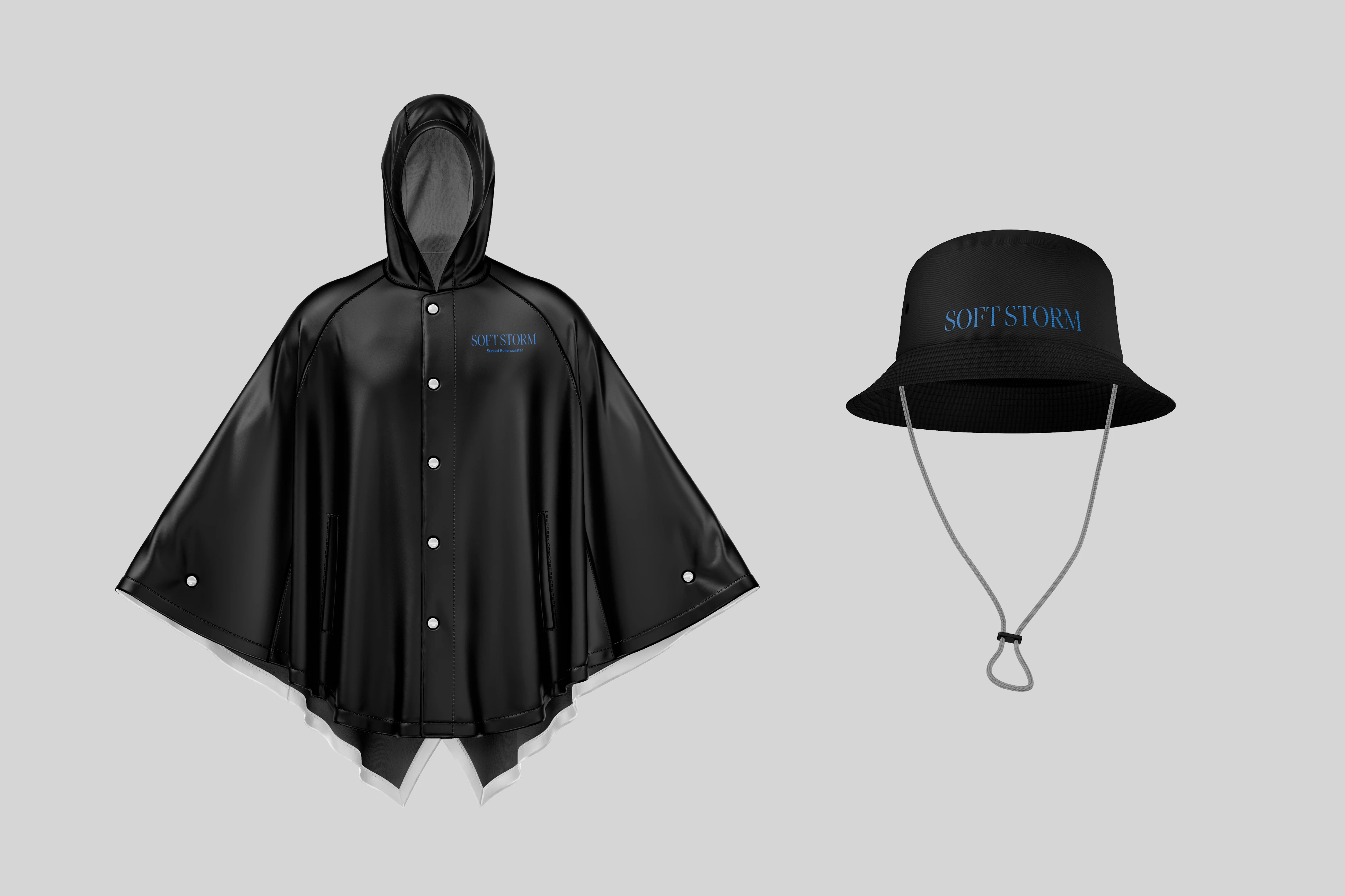 Rain poncho and bucket hat merch