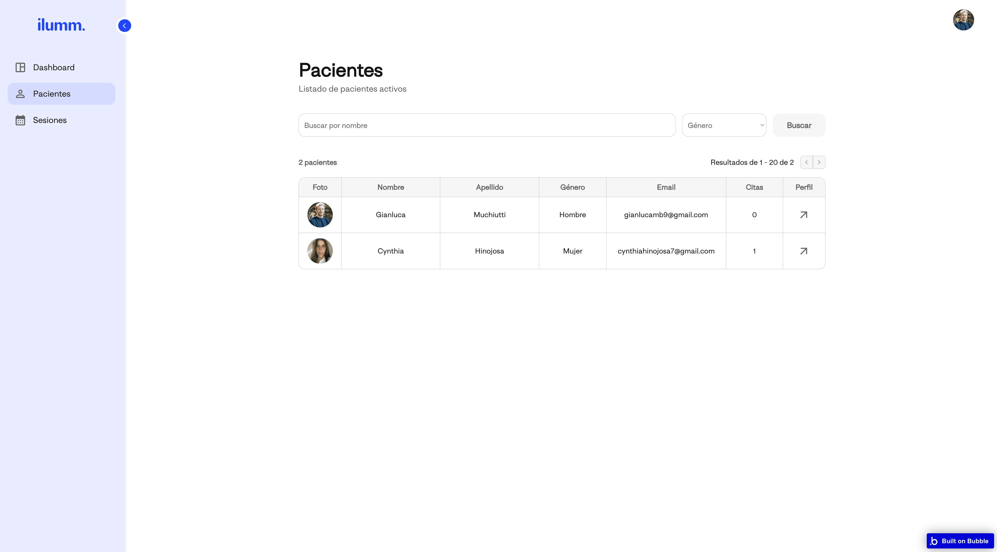 Doctor Dashboard - Patients Table