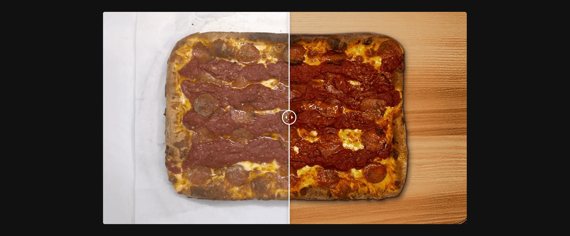 BEFORE/AFTER slider comparison showing optimized pizza image for the new Cenario's Pizza Webflow website