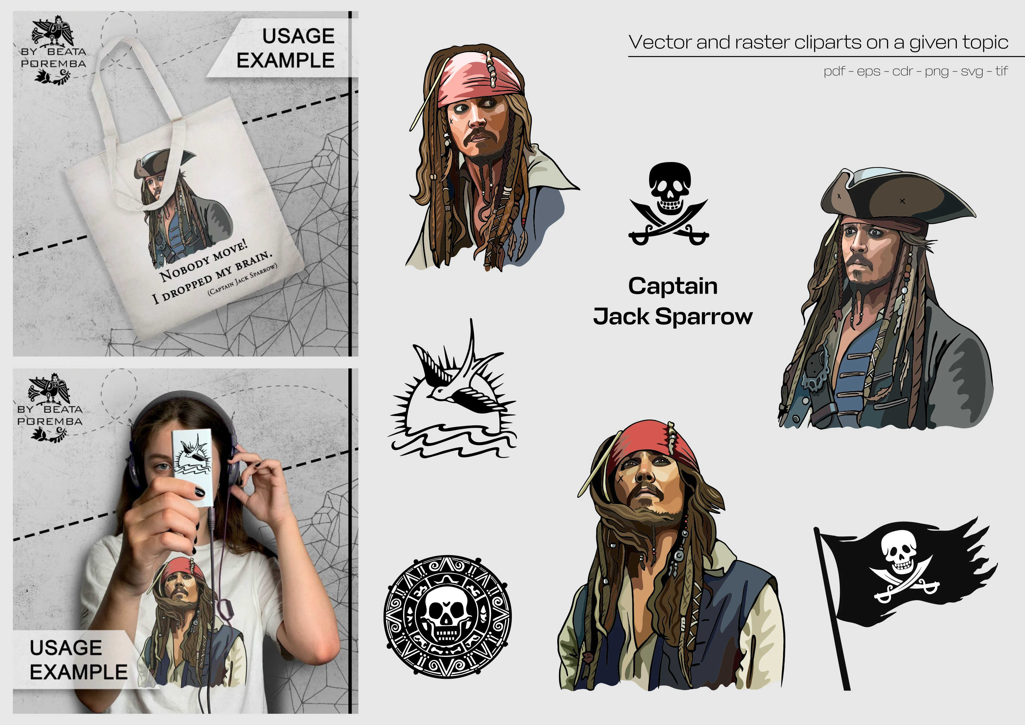 Merch design. Apparel. Captain Jack Sparrow. Creating illustrations and examples of how to use.