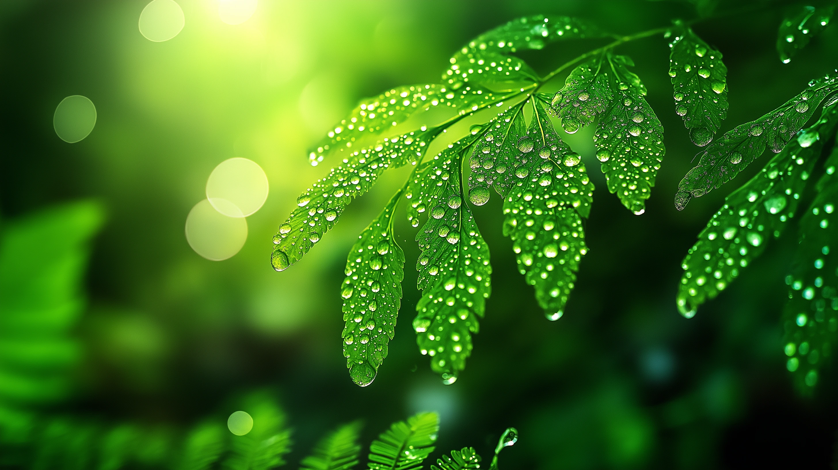 a dramatic close-up of fresh fern leaves glistening with dew drops