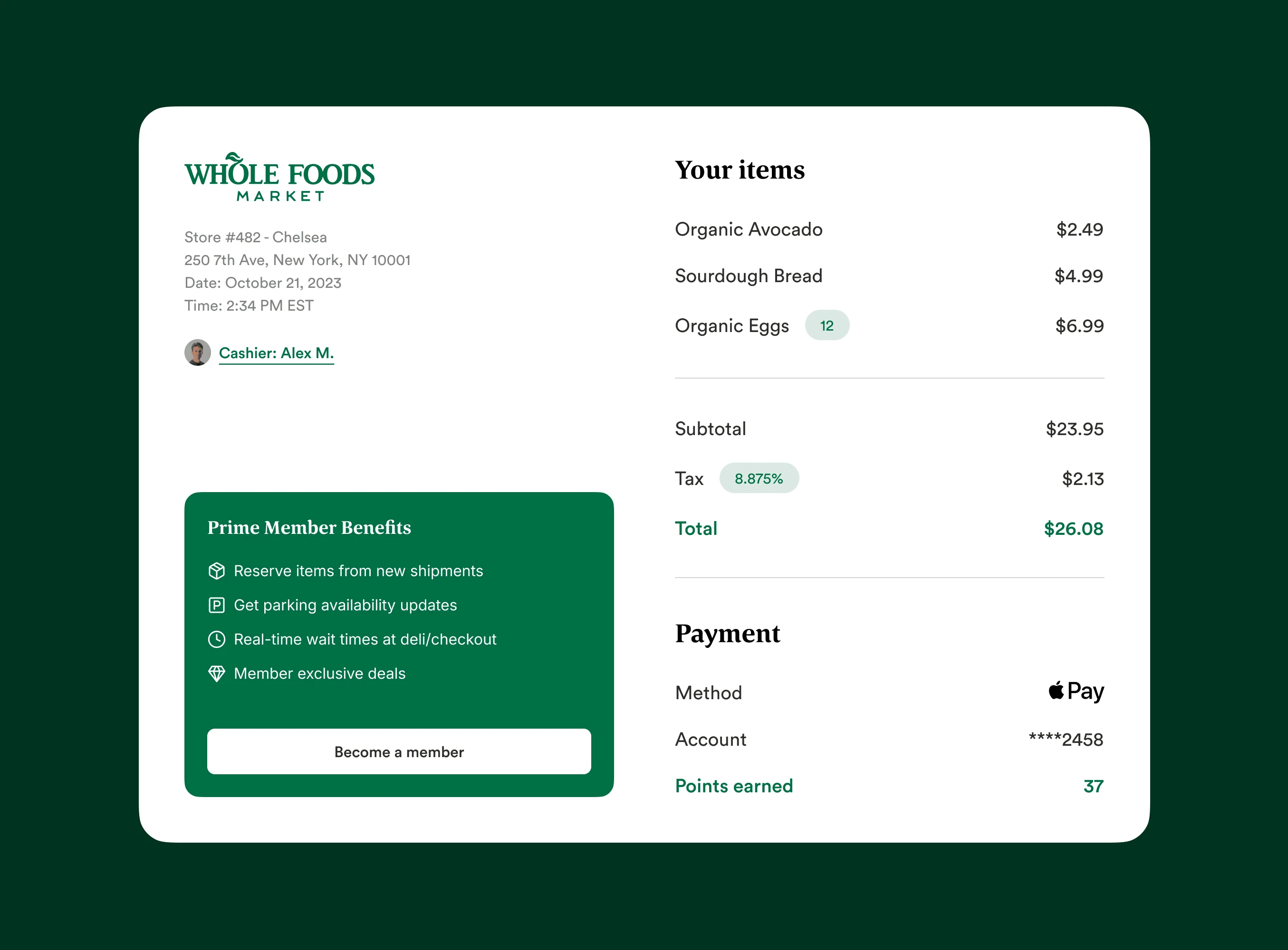 Whole Foods Market digital receipt concept design.