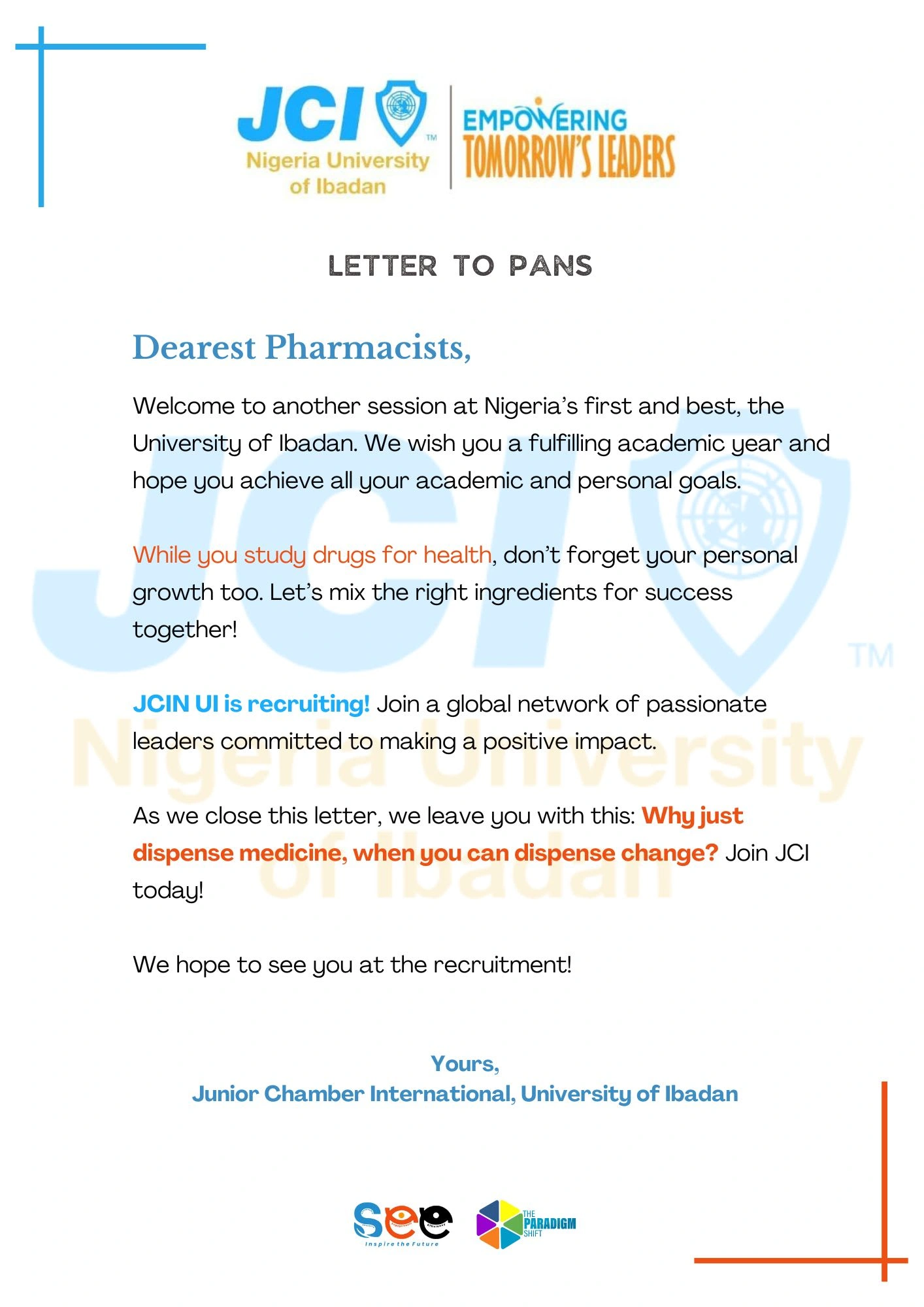 Letter to the Faculty of Pharmacy