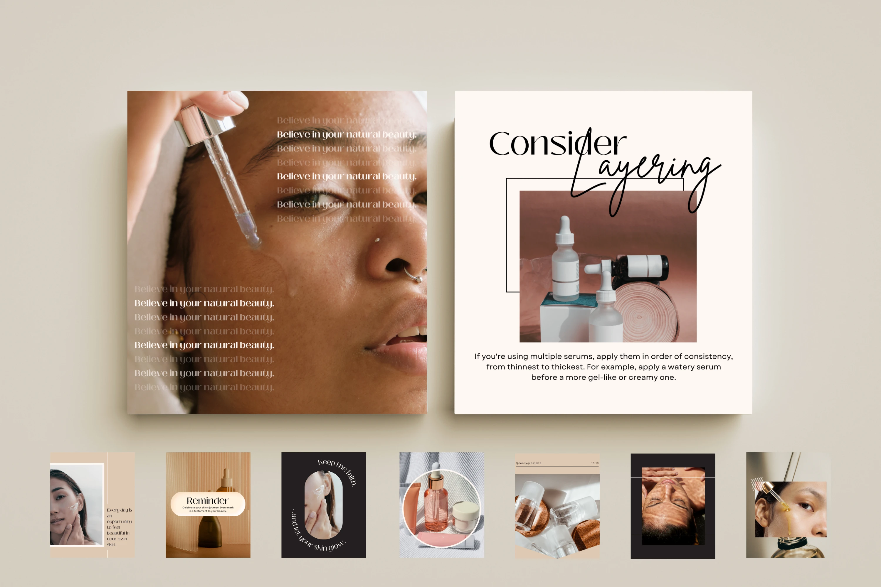 Product show case, skincare tips and carousel layouts.