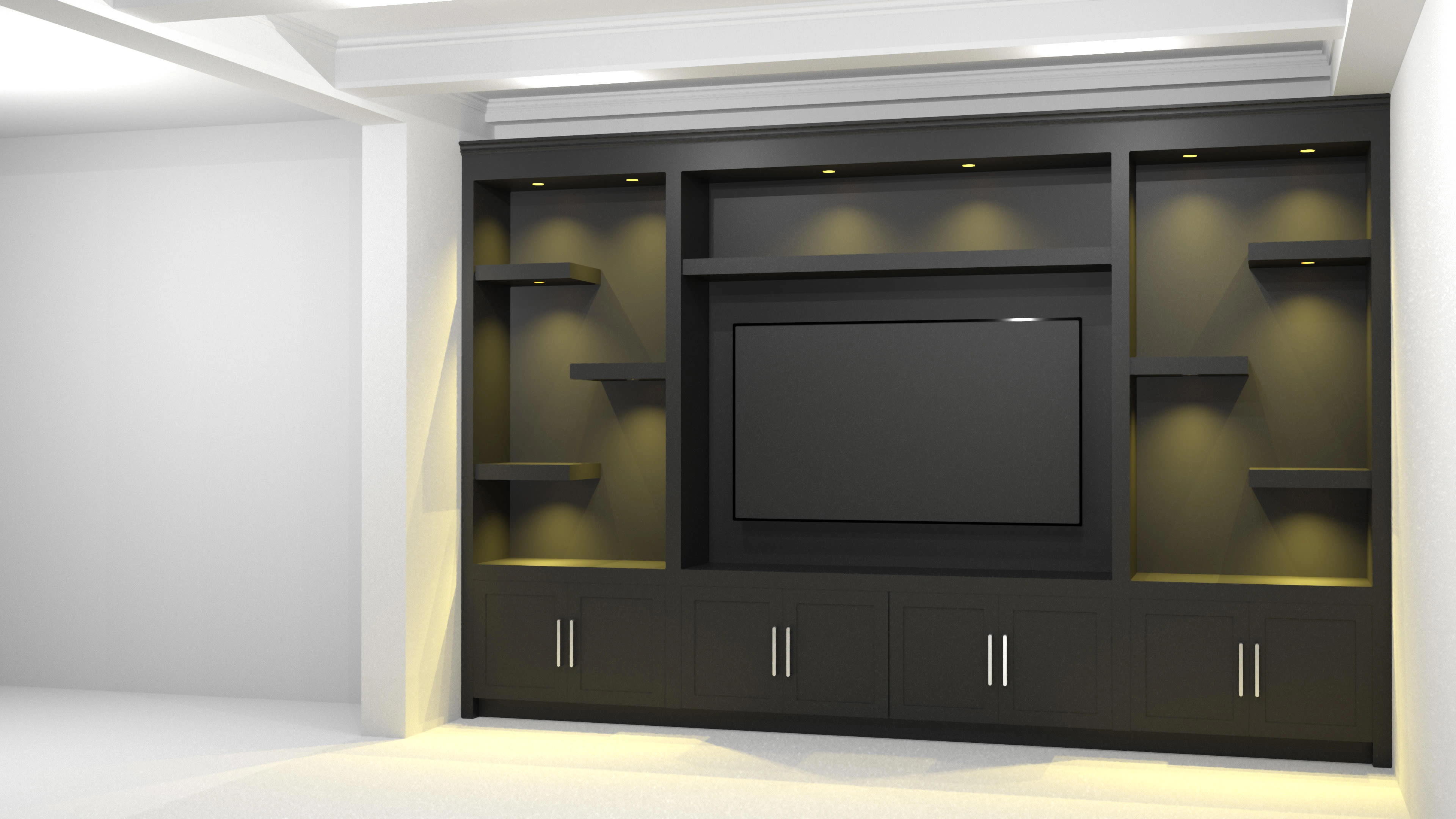 This T.V. unit was designed per the customer's instructions and it has been rendered following the lighting temperature color selected by the client.