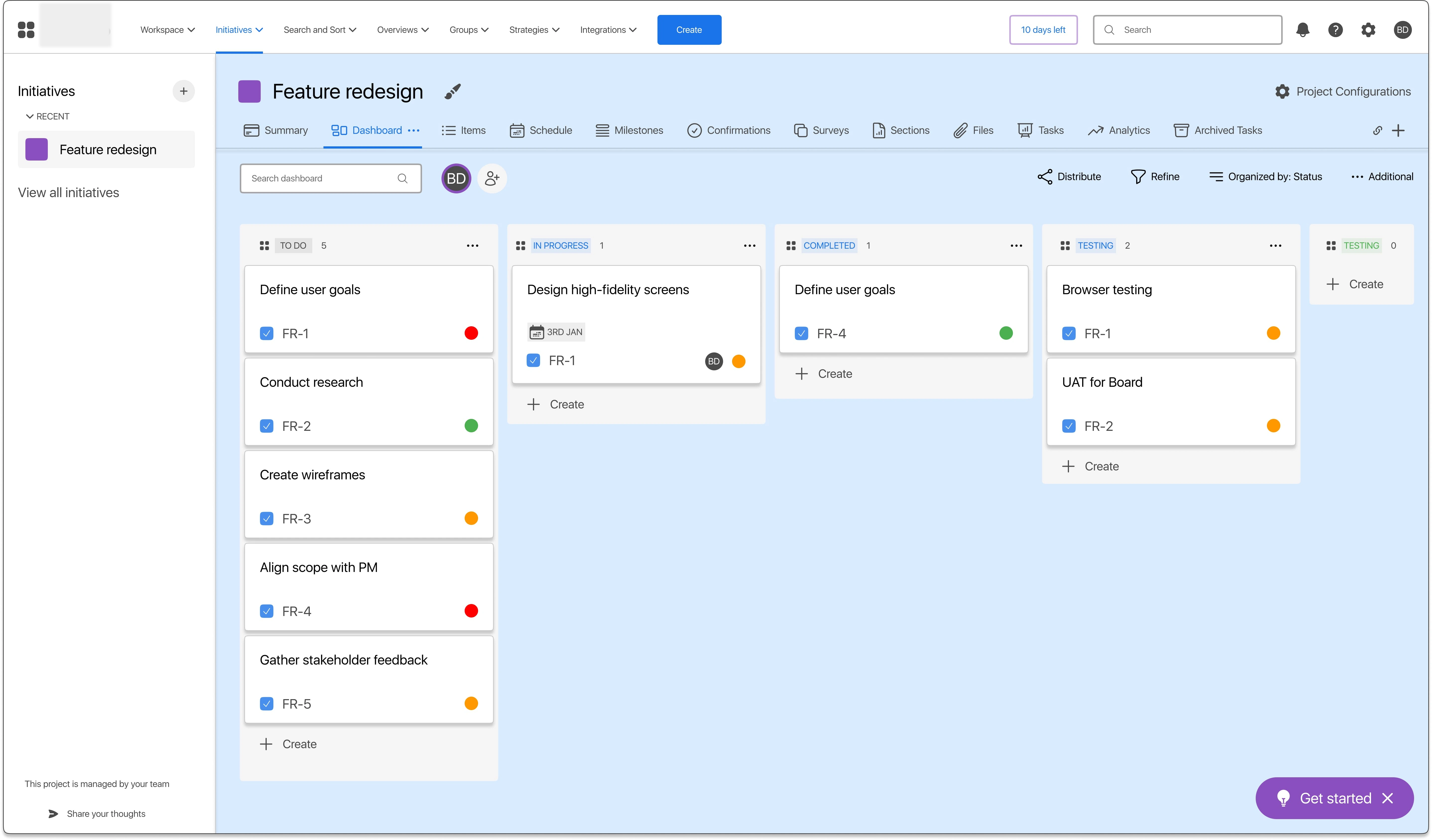 Dashboard with key features: Task summaries, status updates and spring progress.