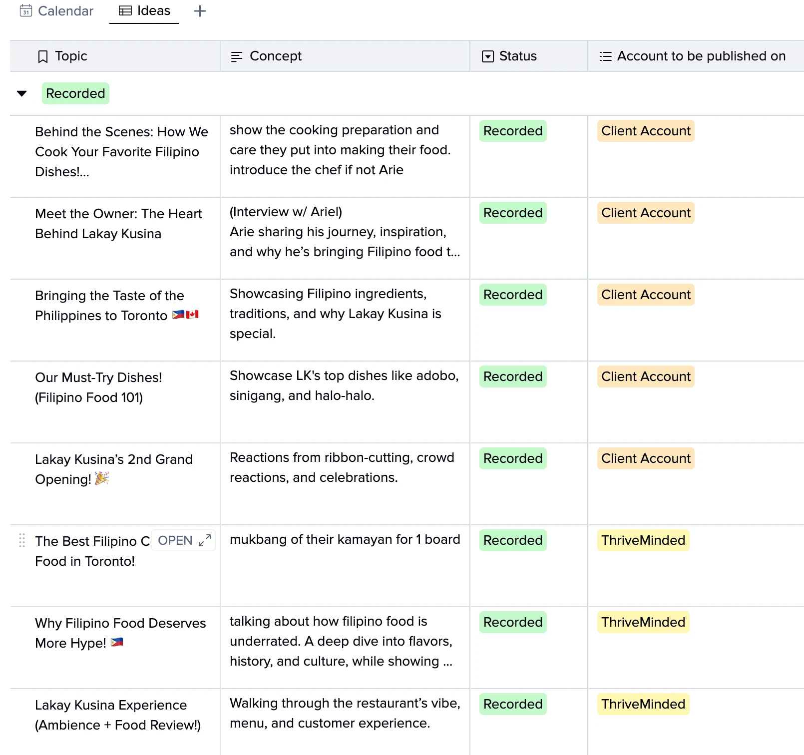 Preview of small portion of the content calendar I provide clients