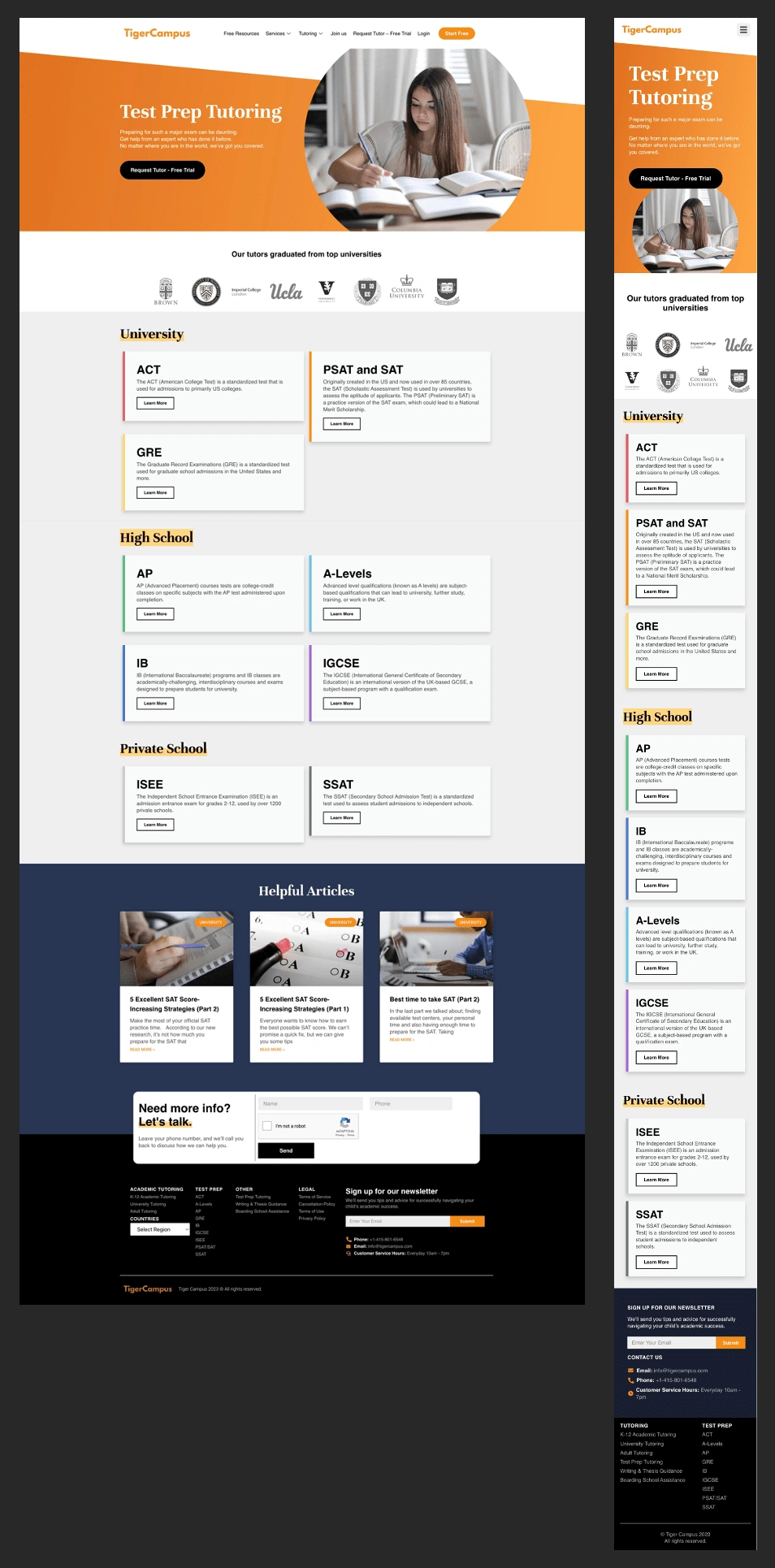 The desktop and mobile category pages for the Test Courses page.
Note: Some elements have been altered between the time of handover and screenshots.