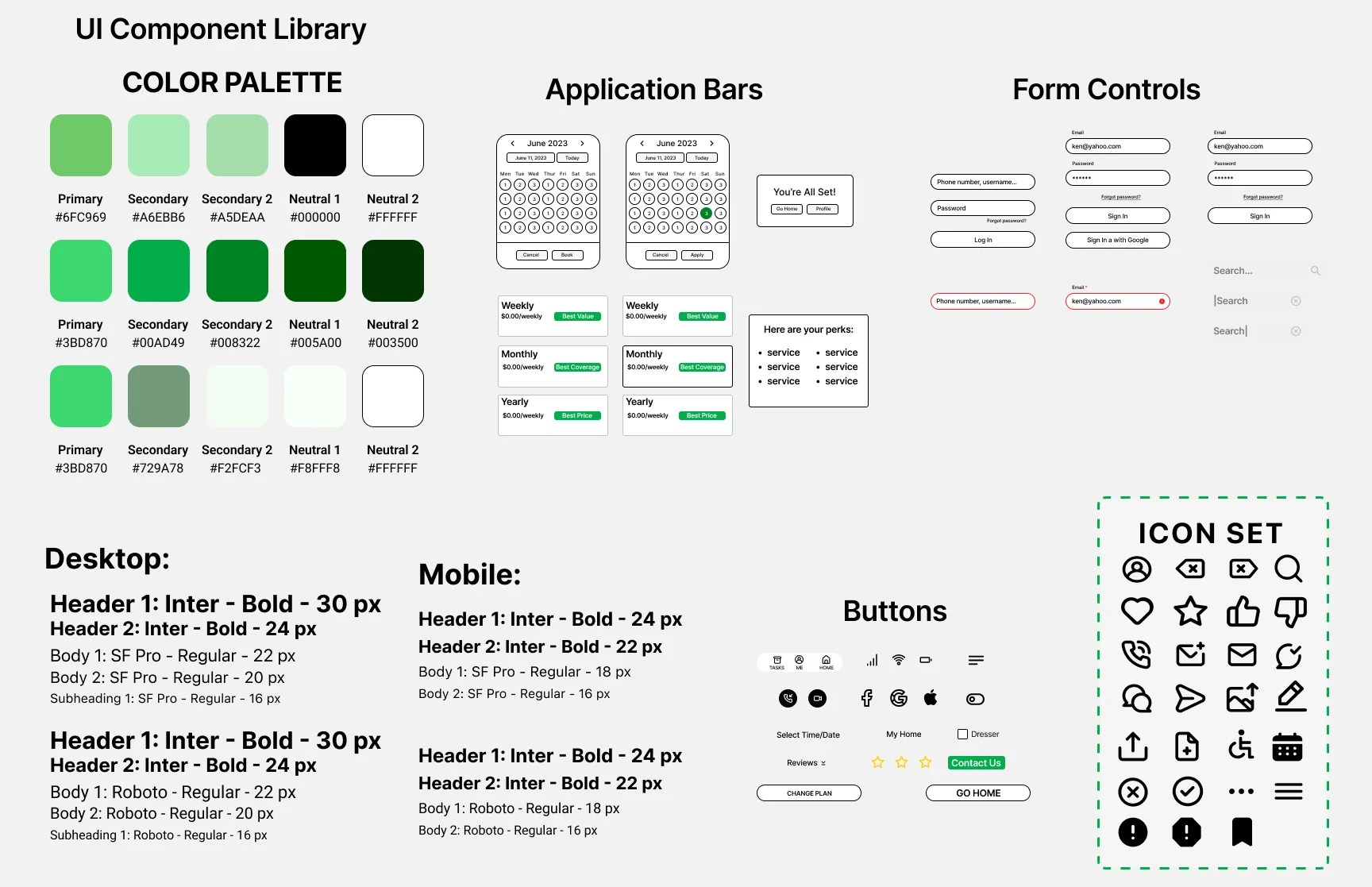 v When crafting my UI kit, I aimed for thoughtful detailing, particularly in the color palette, to steer clear of a dull or mundane appearance. Instead, I opted for colors and fonts that exude a sense of simplicity, consistency, and a welcoming feeling. Rather than overwhelming with excessive whitespace, I chose a refreshing forest green to instill a sense of renewal in users, aligning with the symbolism of growth associated with this color. White and black were deliberately chosen to complement the overall green, while a touch of purple was introduced to foster notions of creativity, dignity, and enchantment among our users. The outcome is a UI kit that radiates a youthful, independent, minimalistic aesthetic, poised to resonate with our target audience.