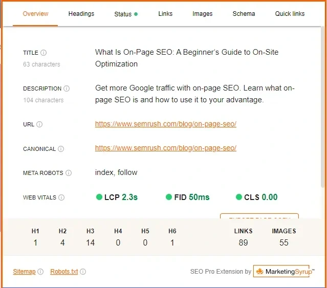 SEO Pro Extension for checking Title, Meta description, and Headers.