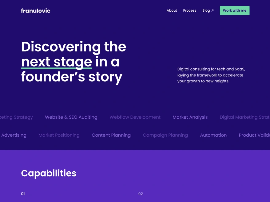 The purple hero section of Marino's homepage with hero copy and subheader.