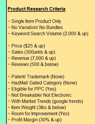 This is the criteria I can suggest to my clients in terms of product research