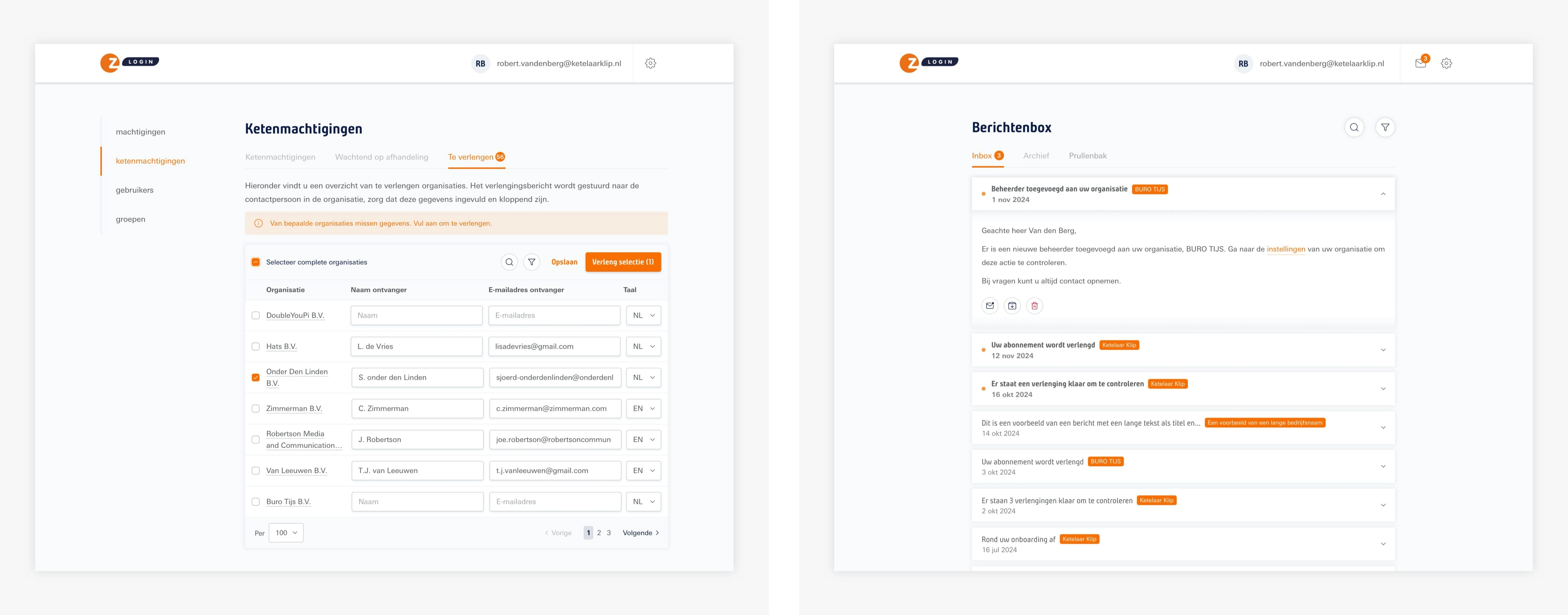 Left: Bulk renewing authorizations. / Right: The inbox for notifications.