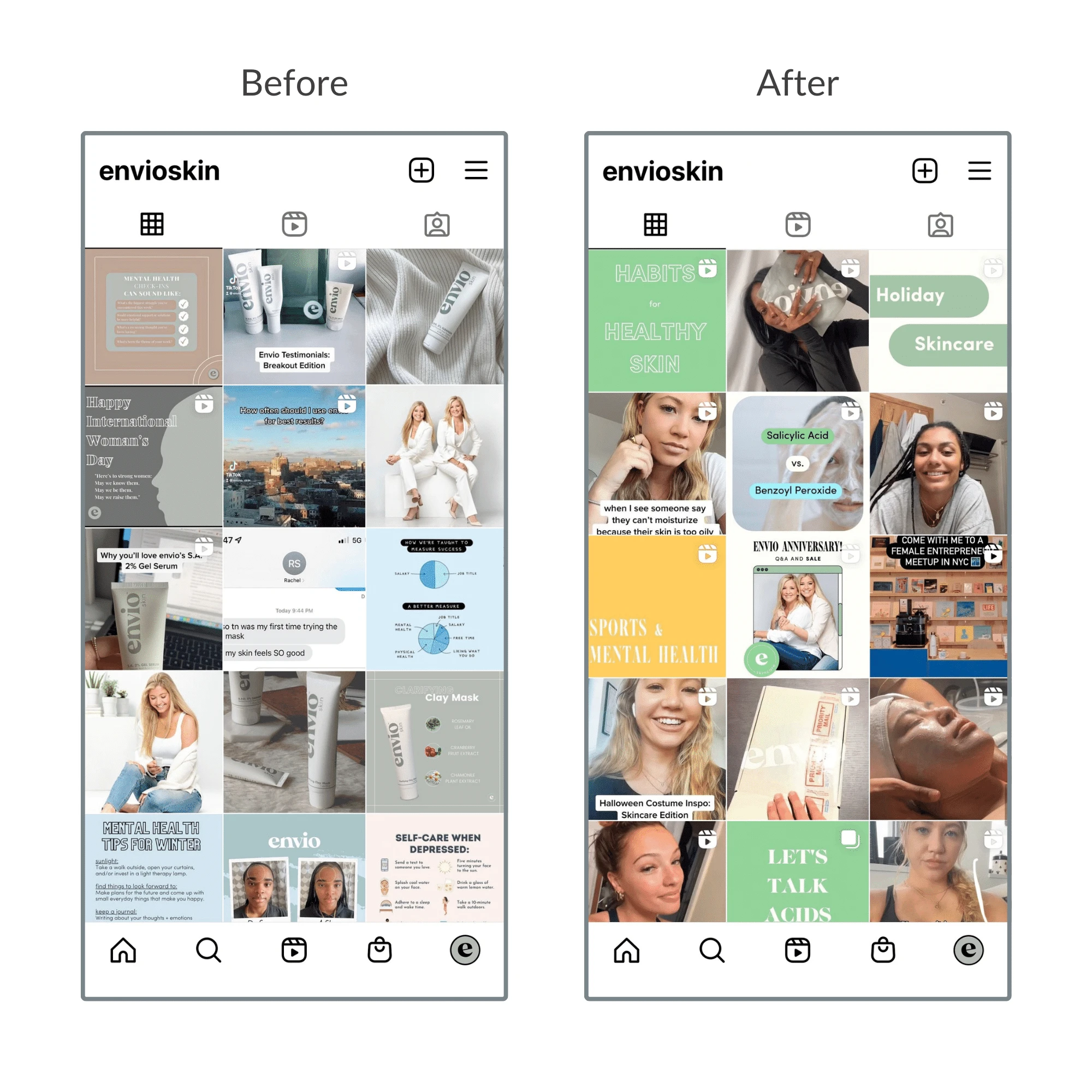 Envio® feed before I started working with them vs. after I had implemented my design & strategy.