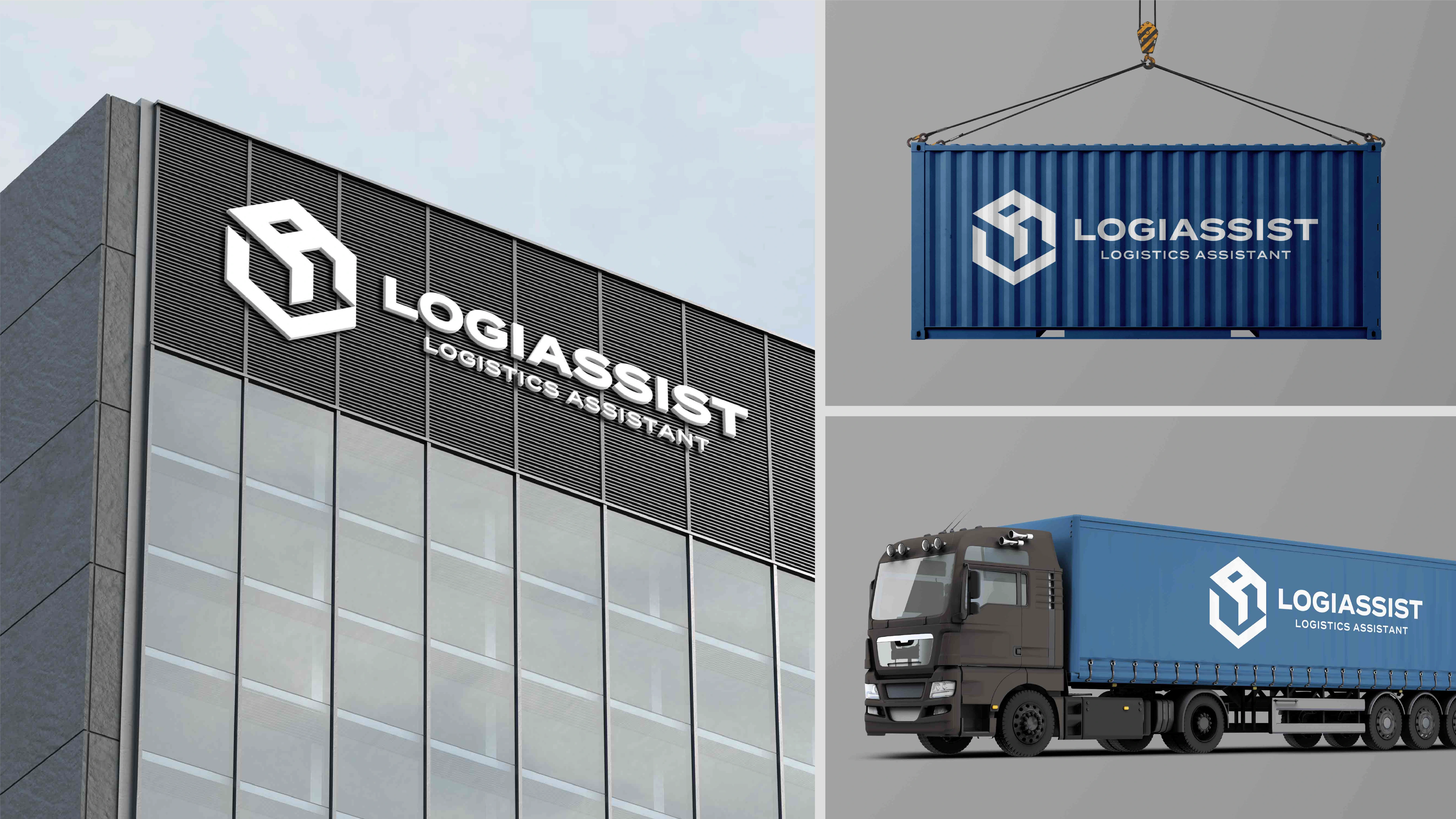 Various uses of the logo: company's building sign, cargo, delivery truck