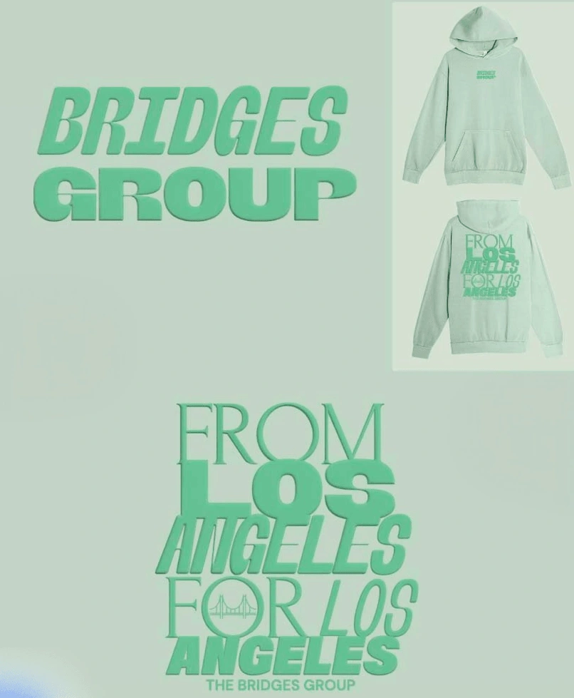 Merchandise design for The Bridges Group in Los Angeles, CA. Heavyweight cotton sweatshirt with puff-print design.