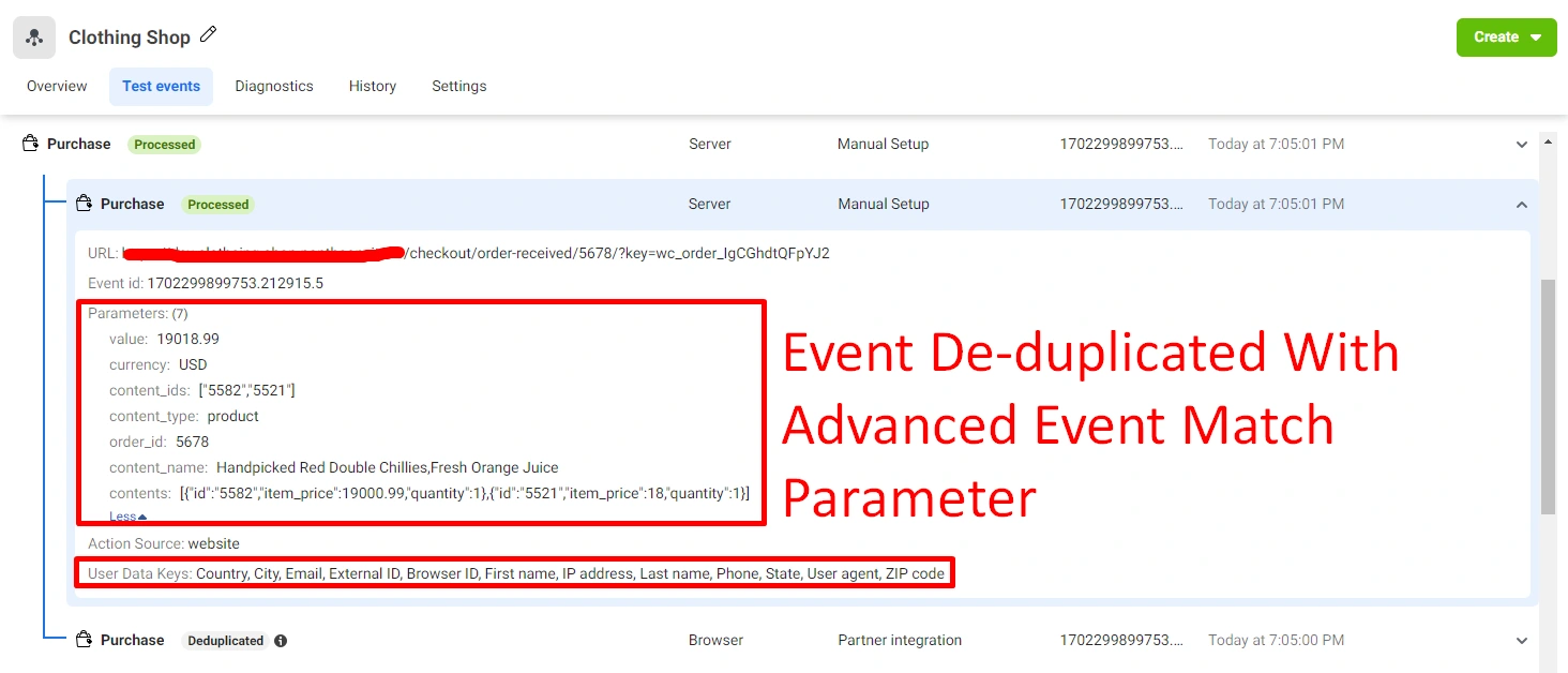 Purchase event with advanced event match parameter