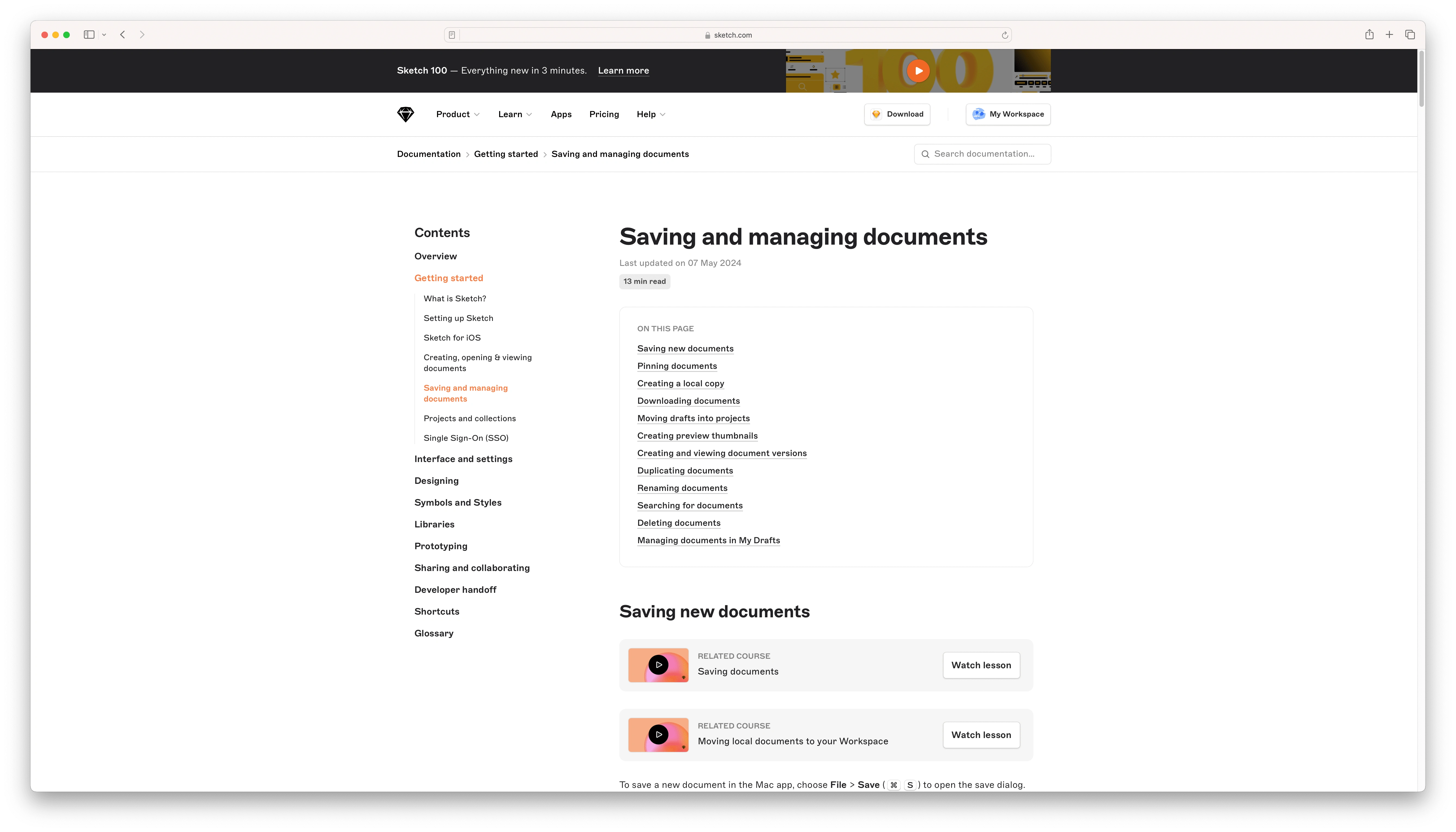 Figure 1.3 Currently, on larger screens, the table of contents is only accessible at the top of the page. By reducing the margins and implementing a sticky side navigation, Sketch can take full advantage of the large screen space, making it easier to read and navigate the documentation.