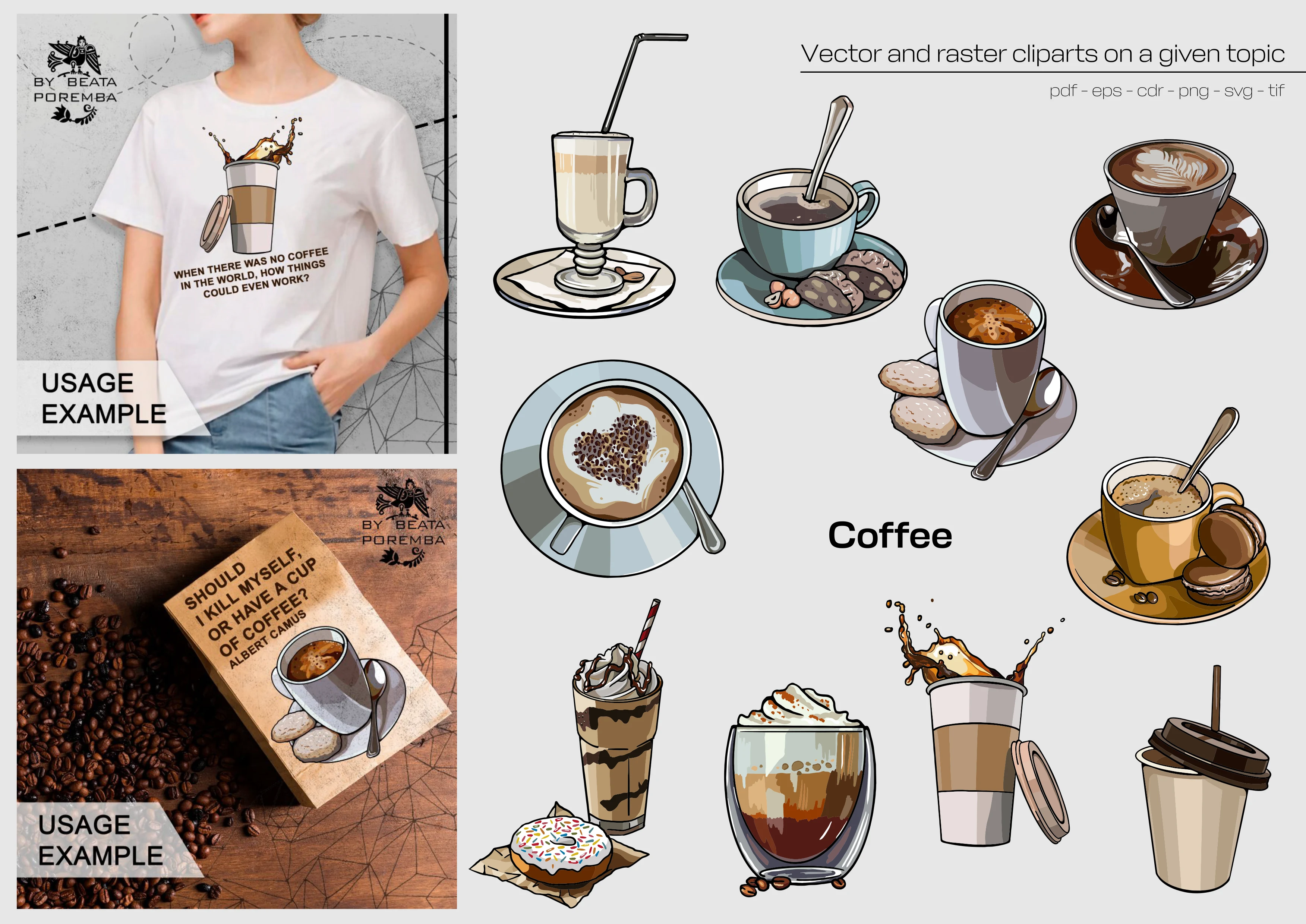 Merch design. Apparel. Coffee. Creating illustrations and examples of how to use.