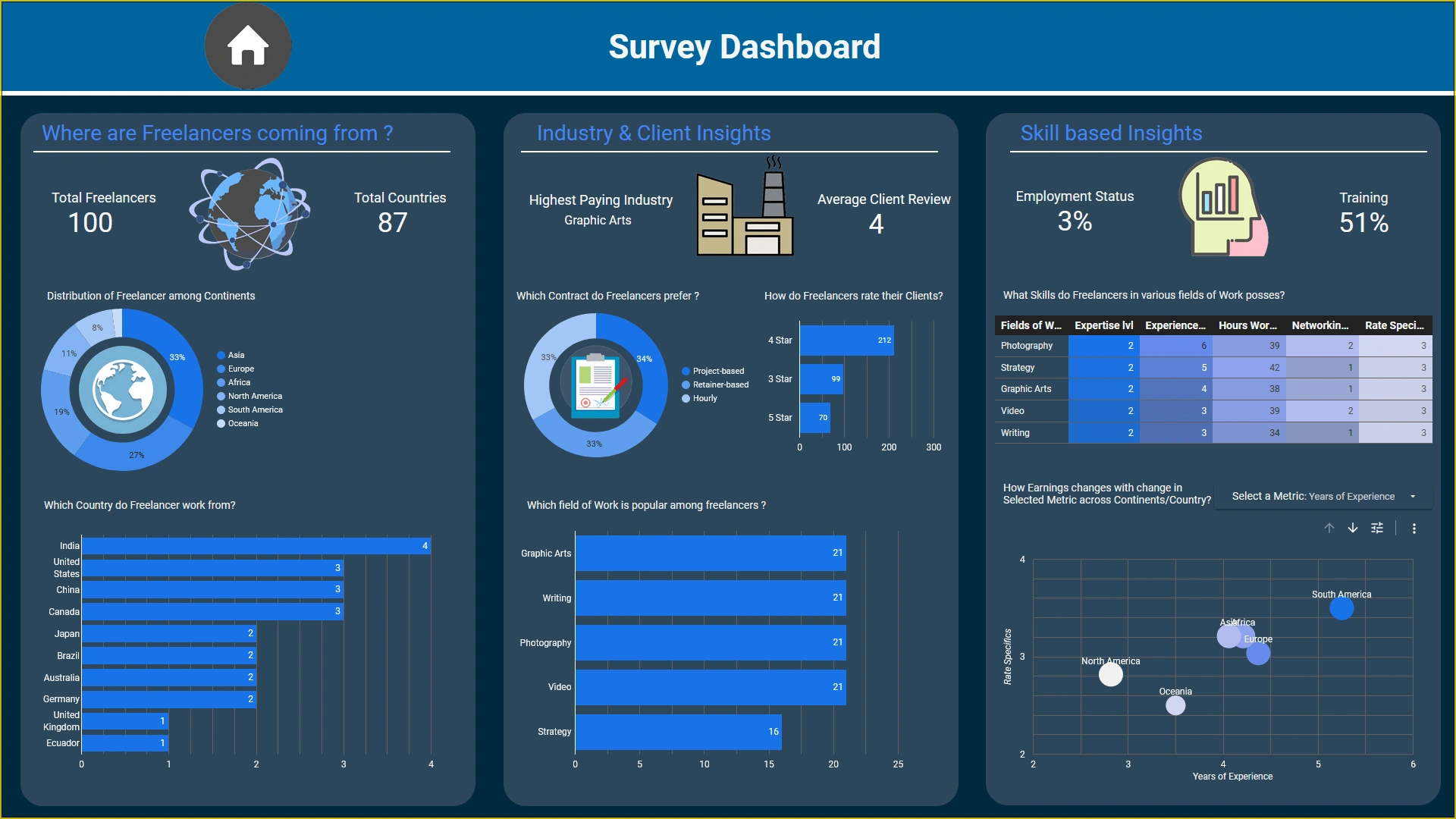  📊 Survey Dashboard: Uncover freelancer trends, from demographics to skills 