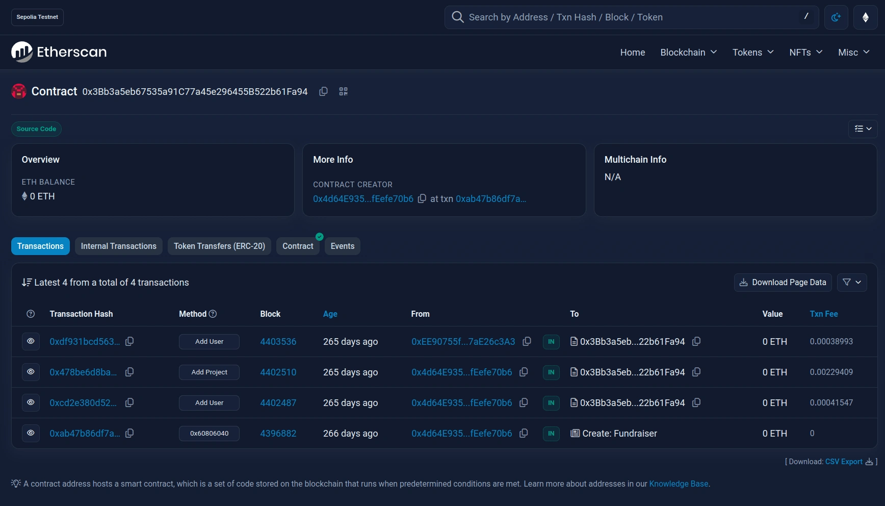 Fundraiser contract (testnet)