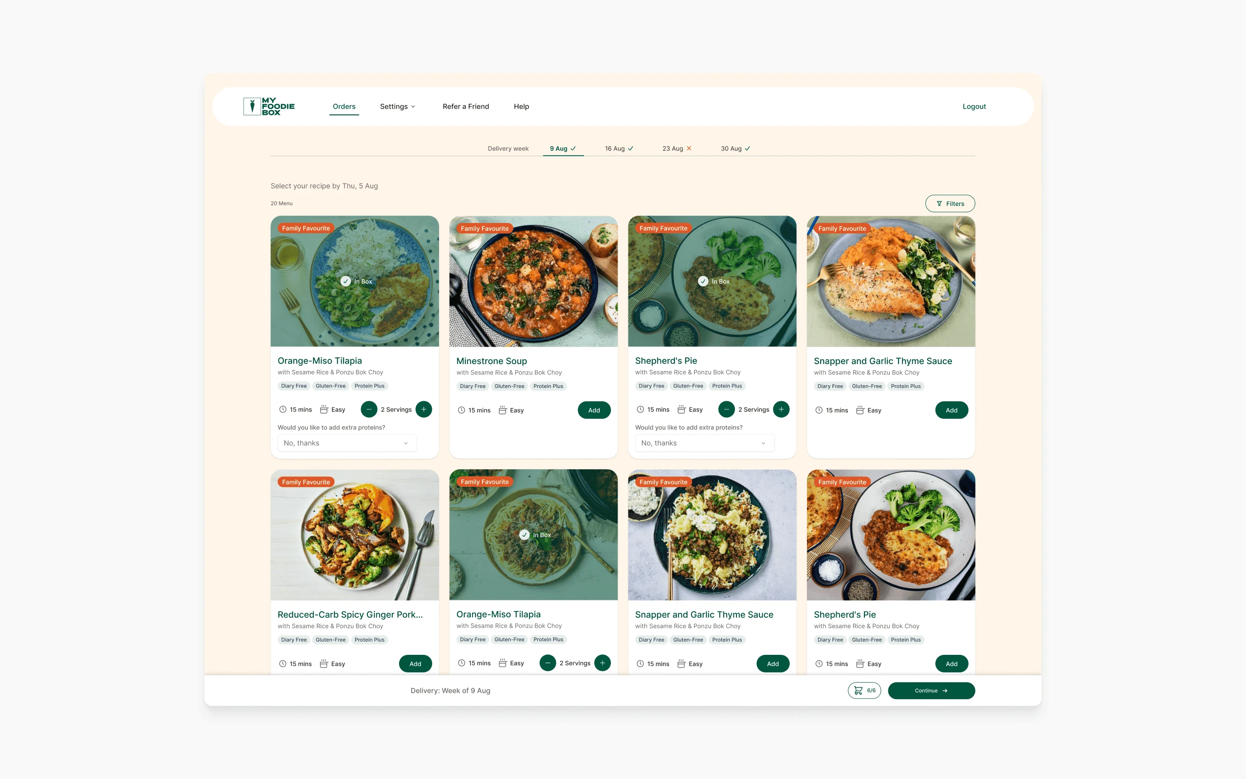 Meal selection page