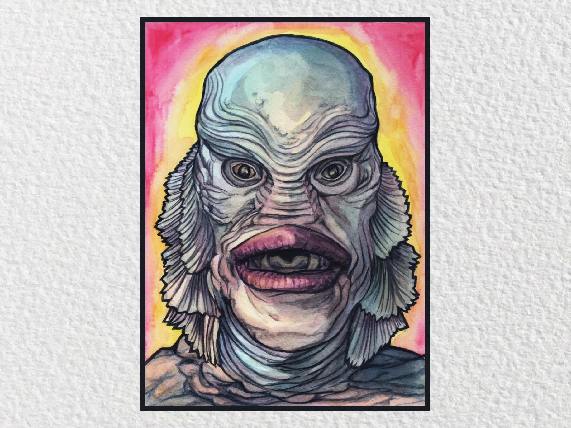 Watercolor portrait of the creature from Creature from the Black Lagoon.