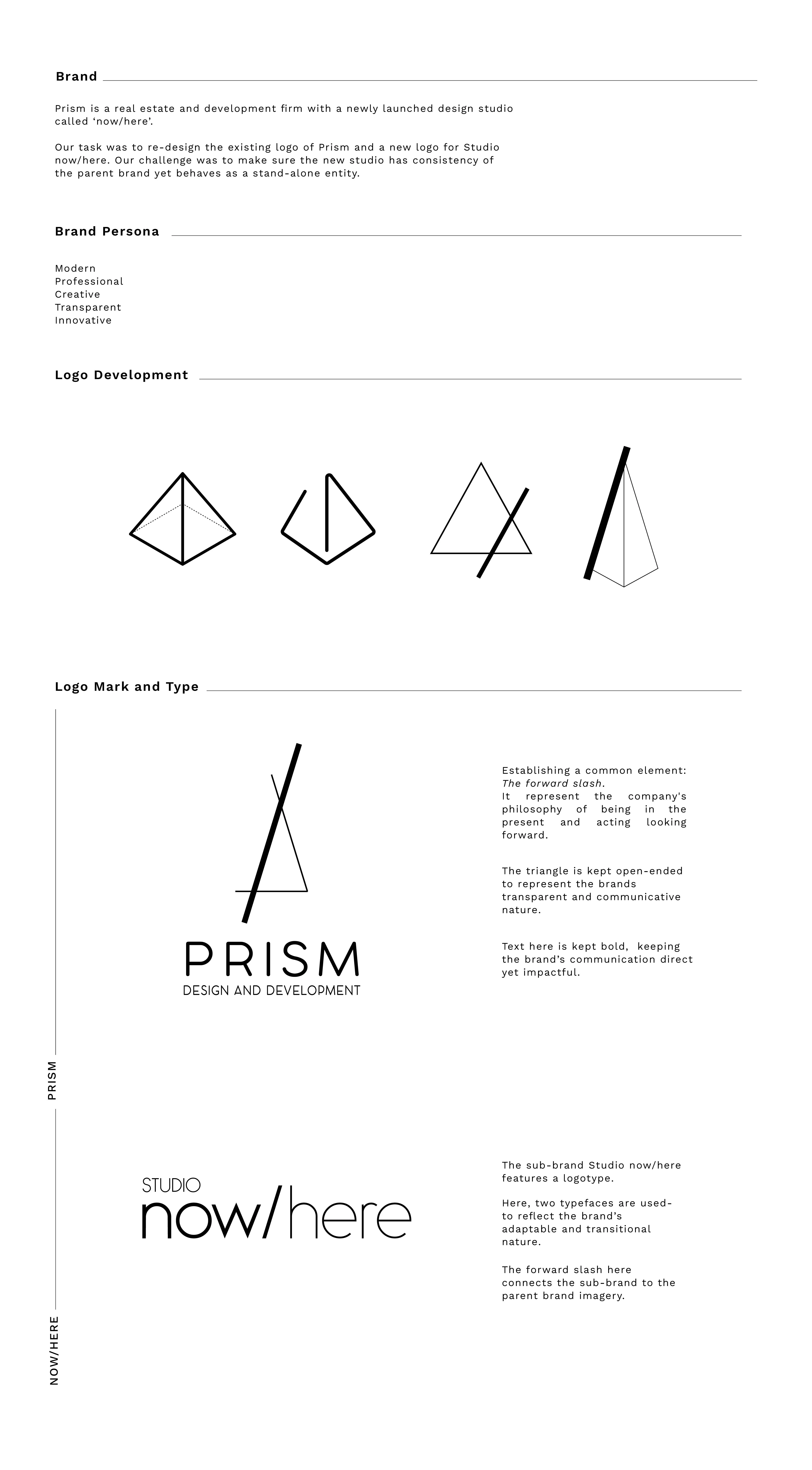 Logo development process for 'Prism' and 'Studio now/here'