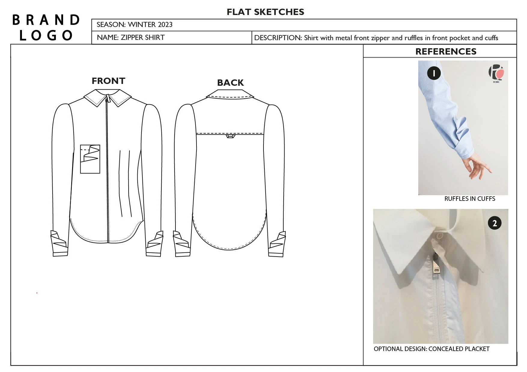 Starting with image references I create flat sketches with front and back views summarizing ideas