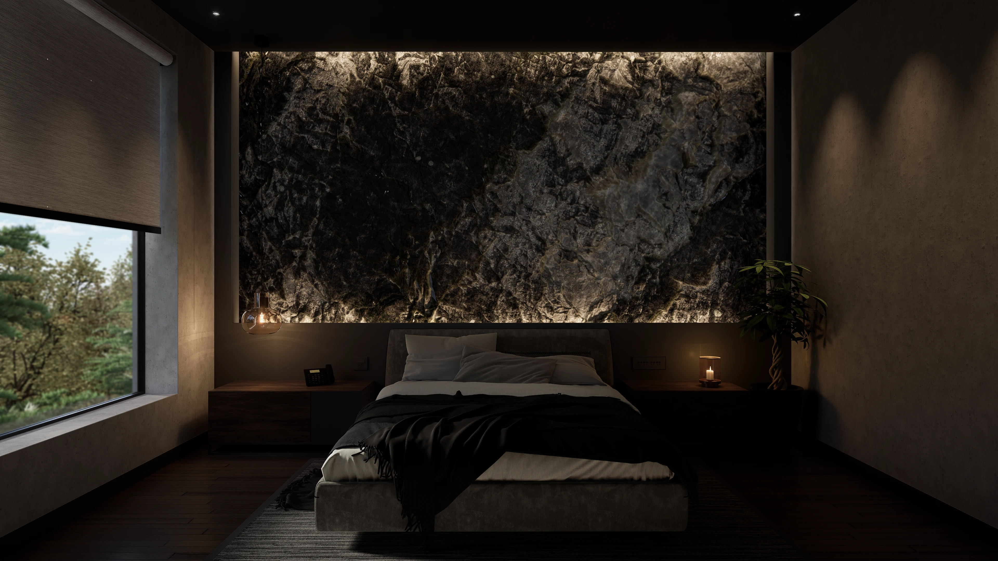 This scene showcases its bedroom featuring a highlight stone accent wall and a large window to connect its natural interior details with the environment. Bedrooms should have limited stimulating elements as these areas should promote relaxation and calmness.