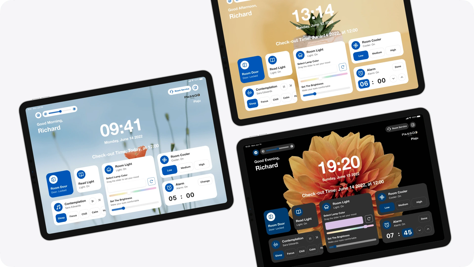 3 Screenshots of PassGo Hotel In-Room Controller App