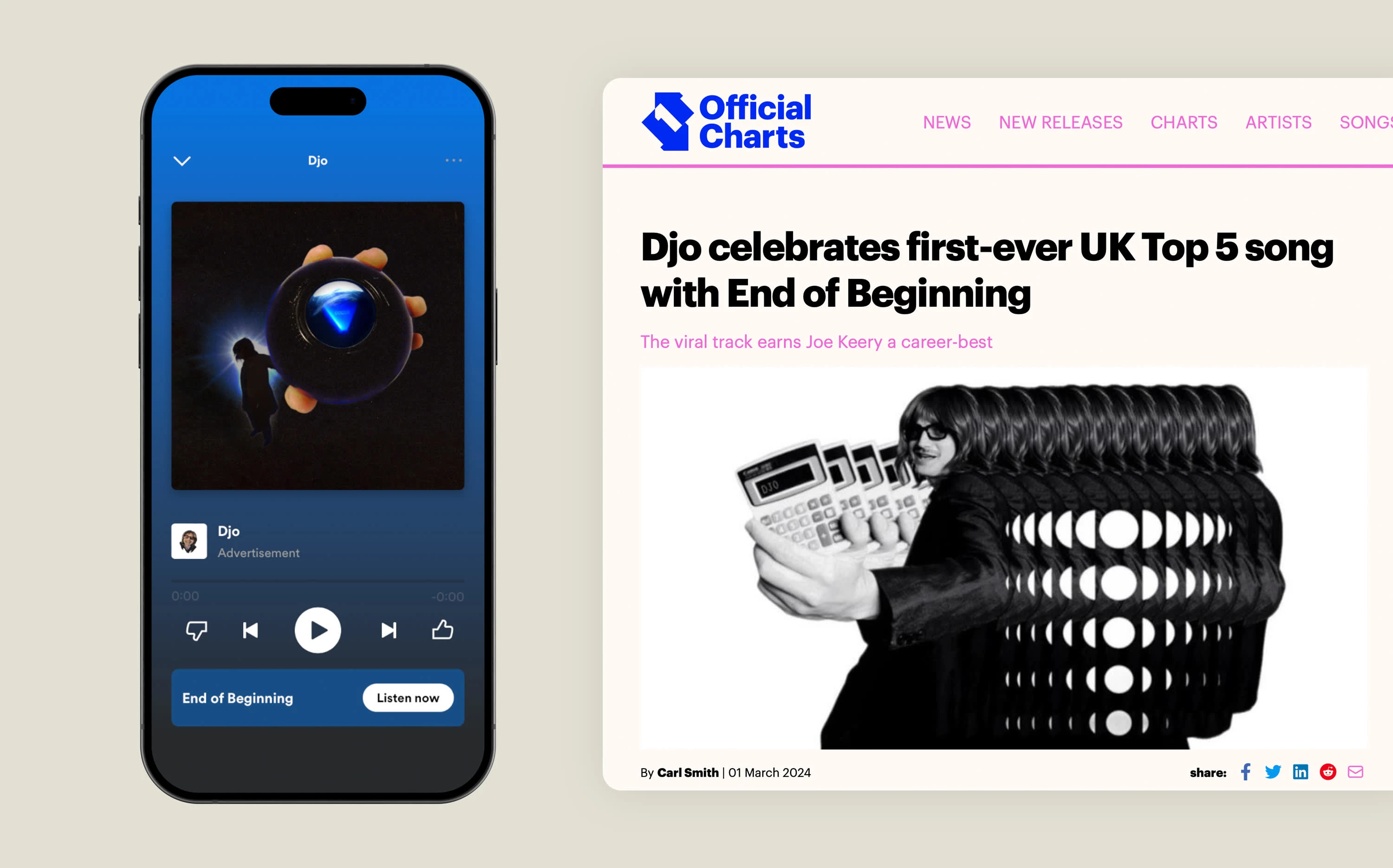 Spotify ad and UK Official Charts article.