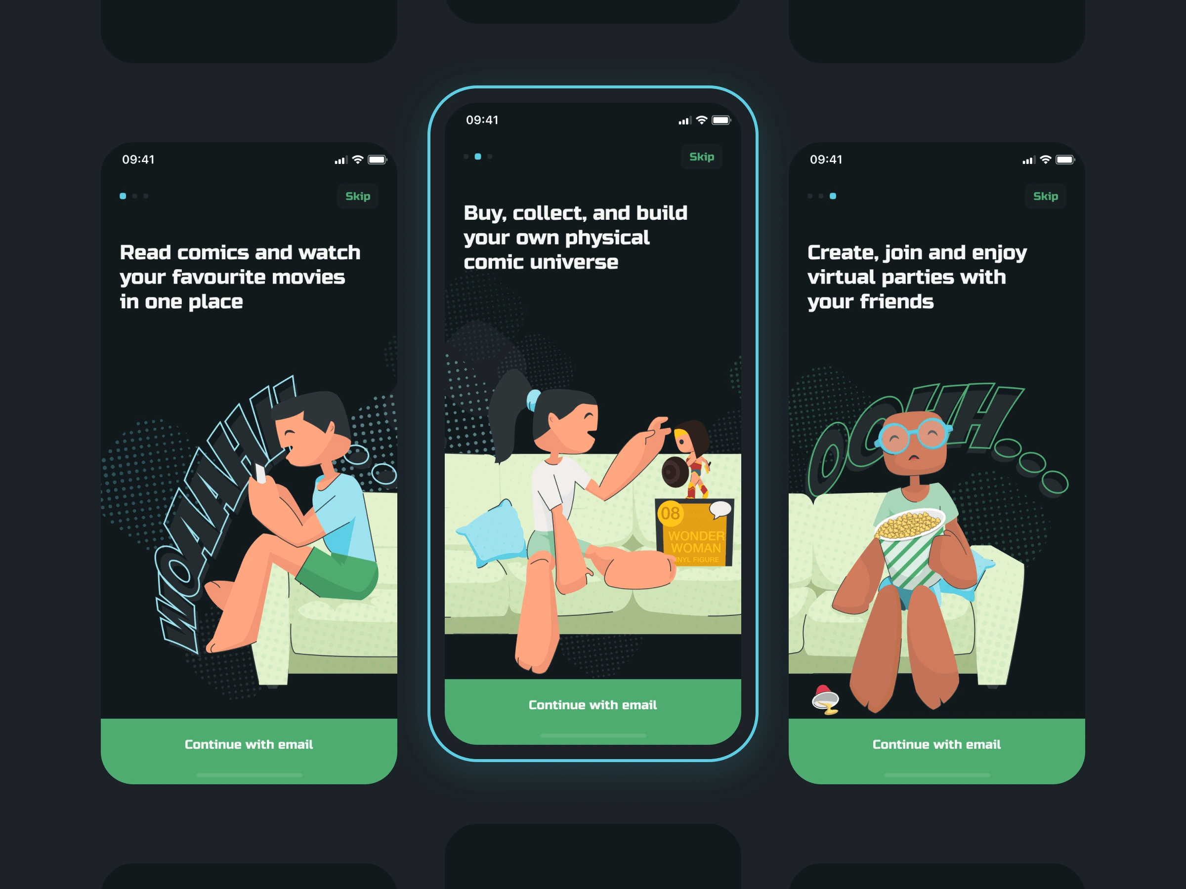 Onboarding screens with flat illustrations