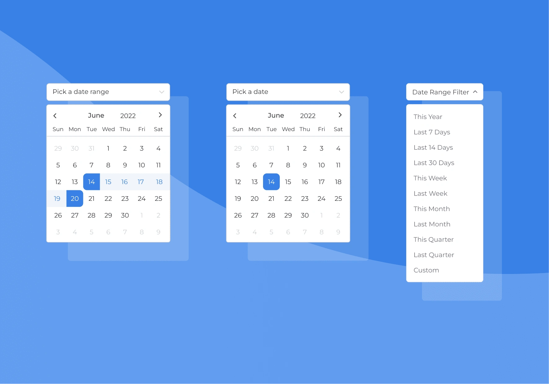 Date picker, date range picker, and date filter components