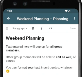 Phone screen showing a WYSIWYG editor with some text