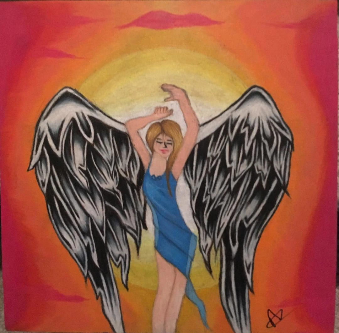 An illustration made using colored pencil on wood depicting an angel at sunset.