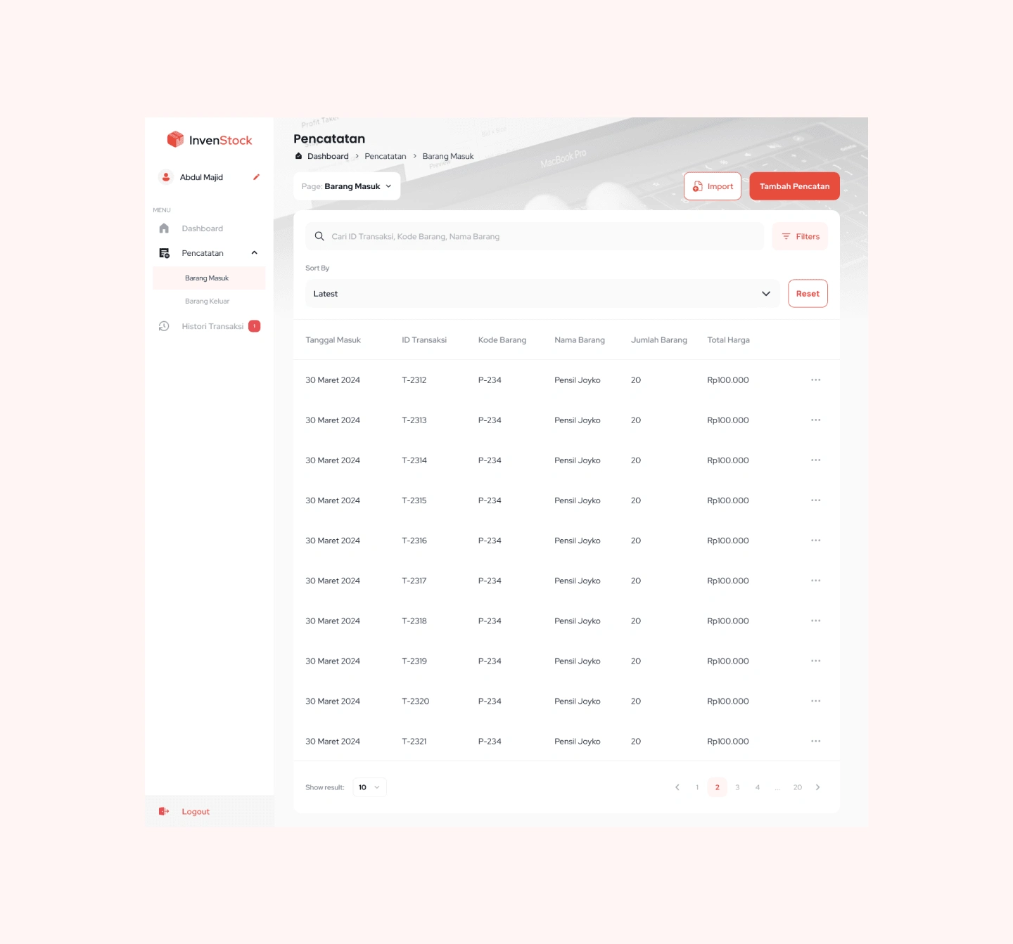 UI Design data table inventory 