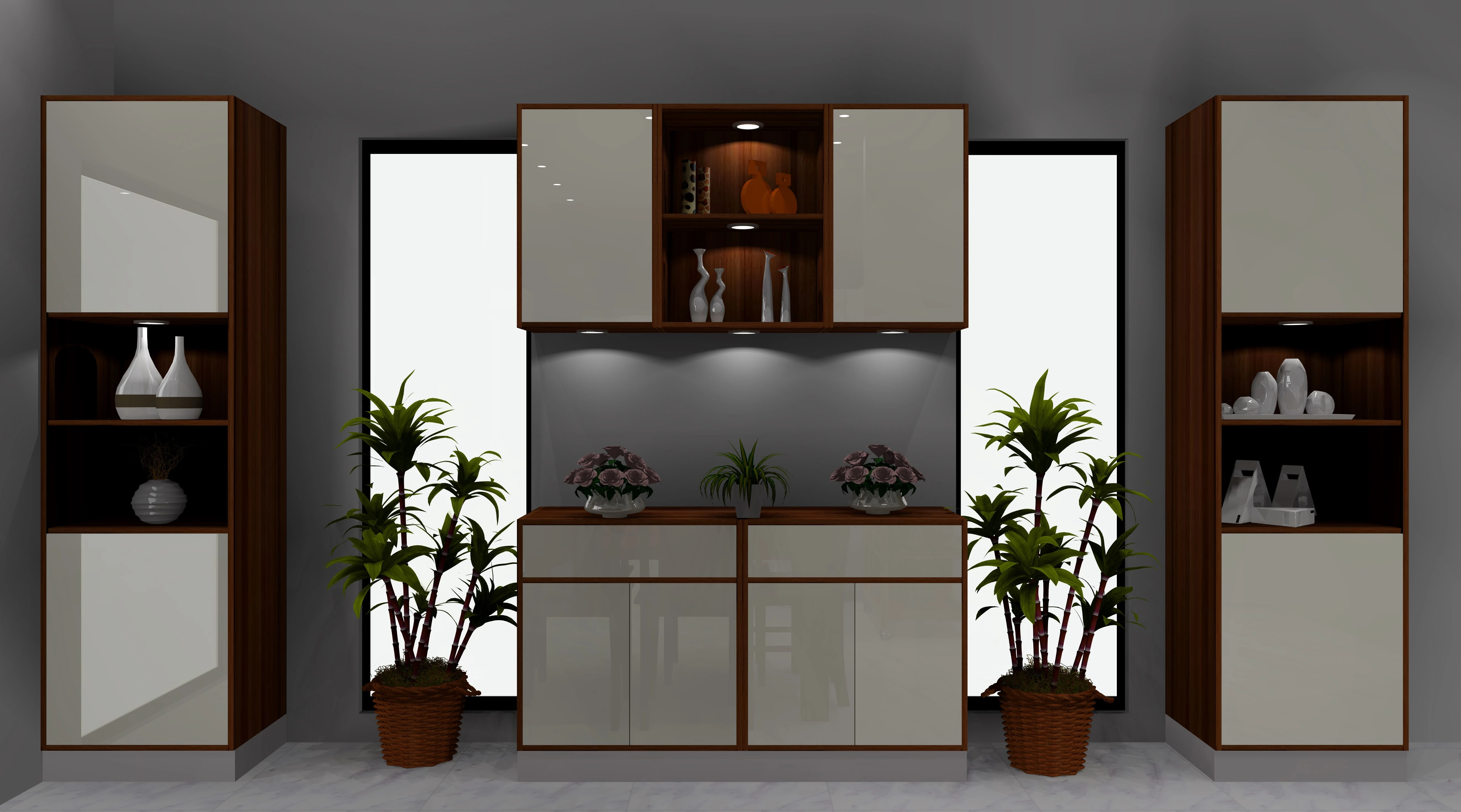 Unit featuring ample space for crockery and a showcase.