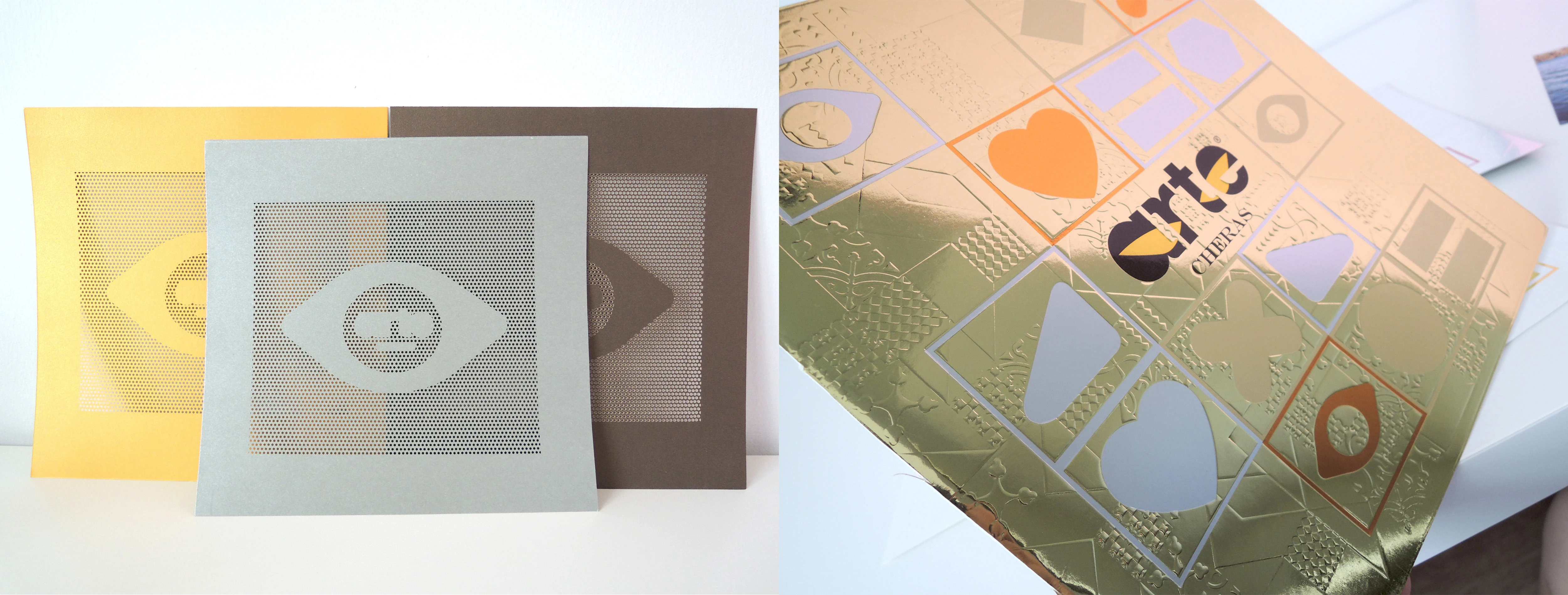 Print test samples of the cover design options using laser cutting for the holes and embossed texture 