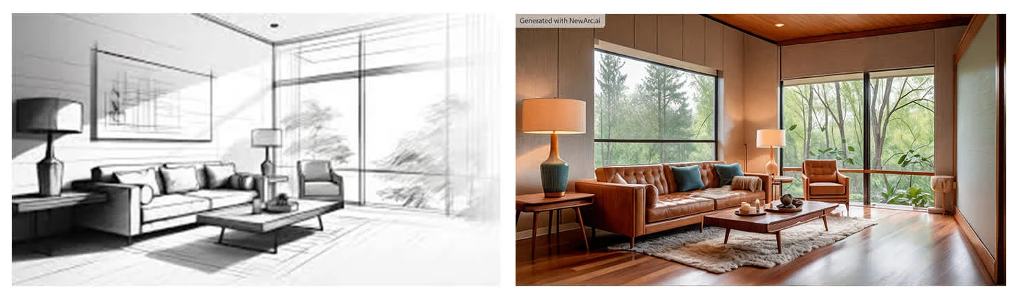 Prompt: A midcentury modern living room with large windows and cosy interiors, sketch-to-image generated with: NewArc.ai