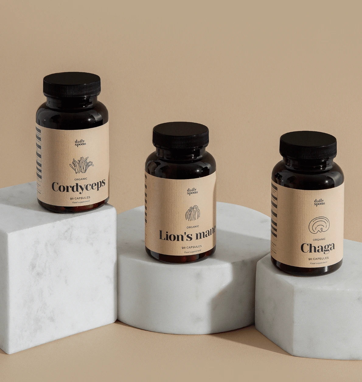 Minimalist mushroom supplement packaging