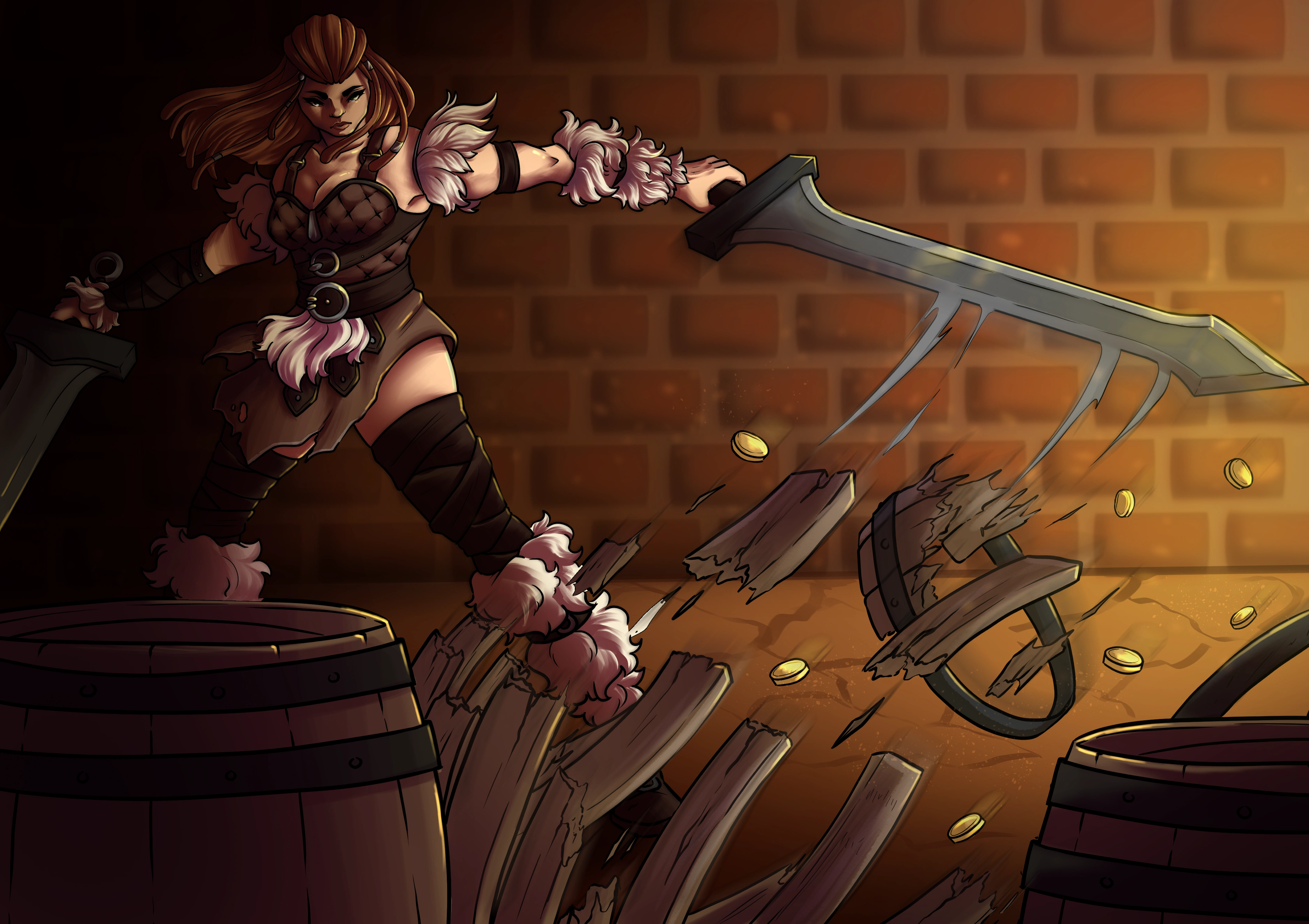 The female character smashing a barrel with her sword