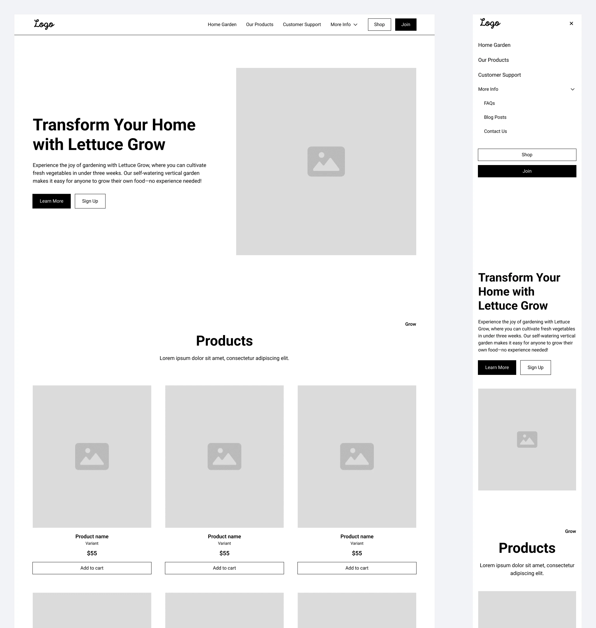 Initial wireframes for the new home page