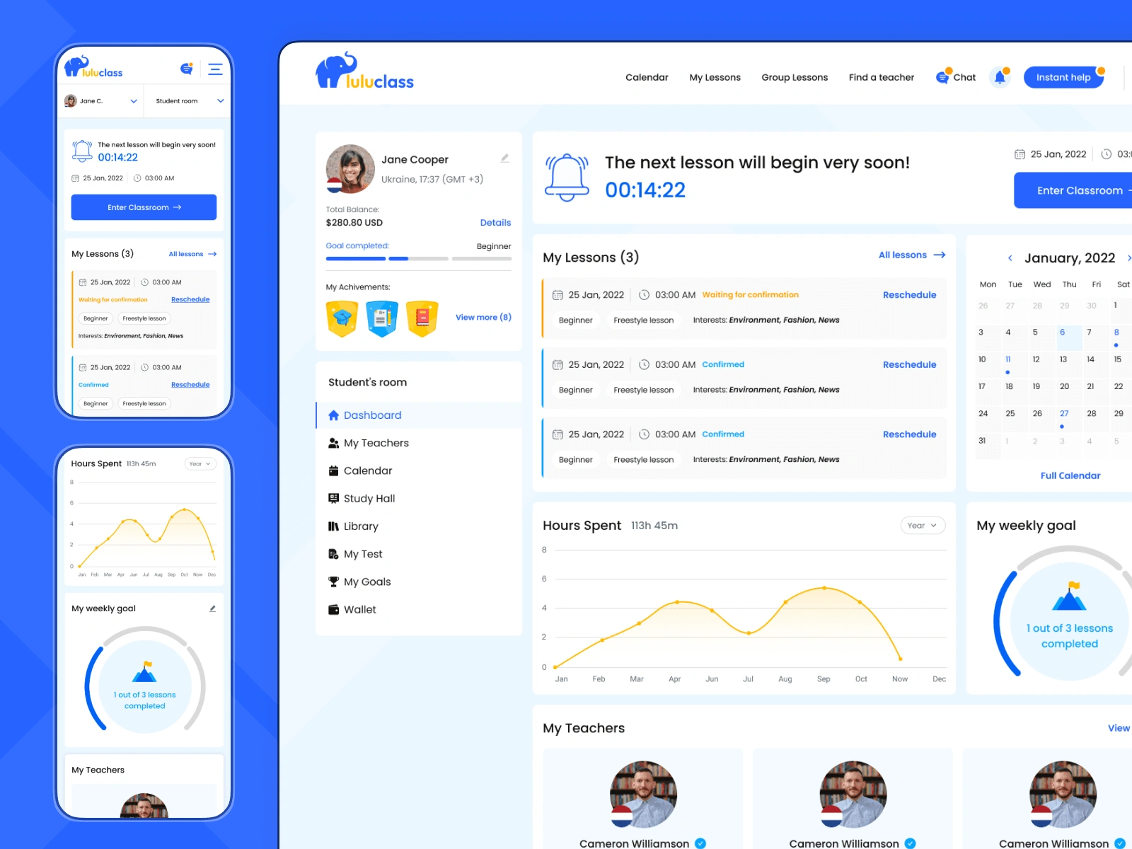 Student dashboard: reminders about classes, a list of scheduled classes, a mini-calendar, academic statistics, a list of teachers, and rewards.
