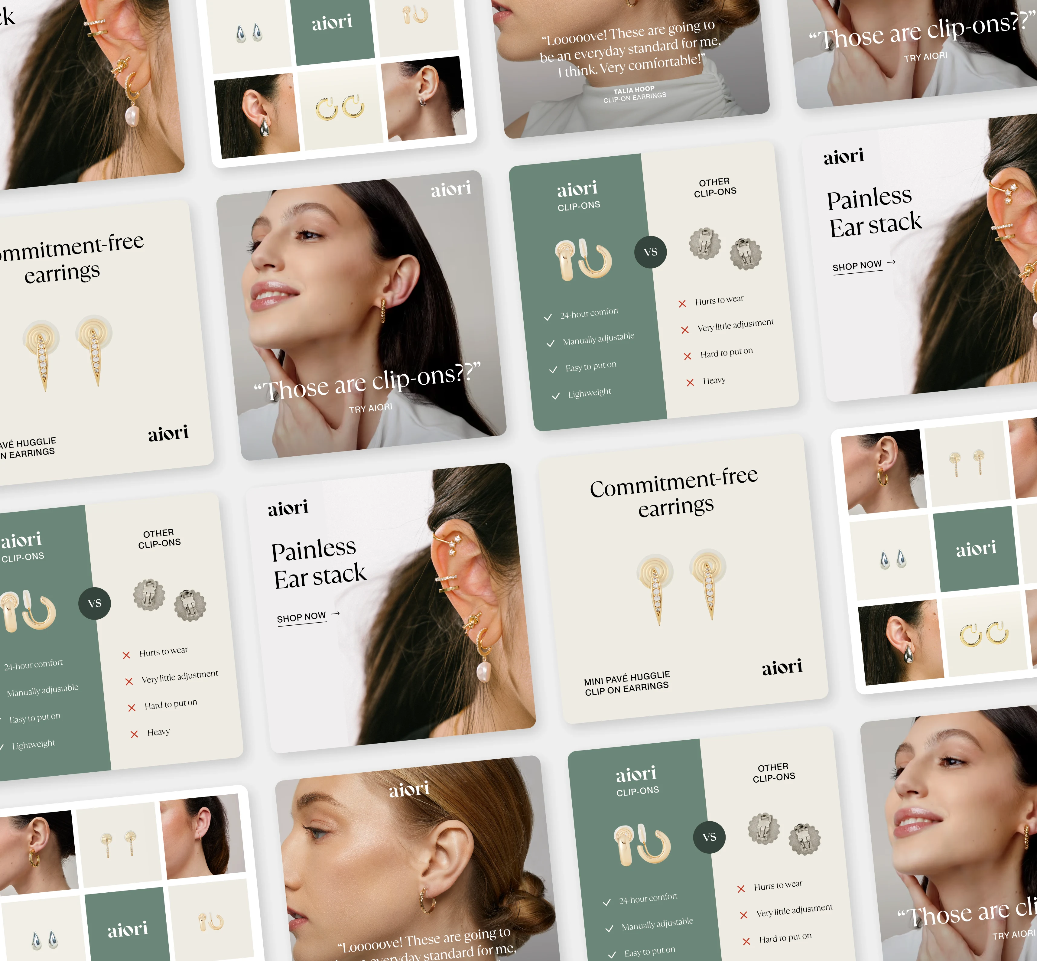 Static Ad Creatives for Aiori, a modern pierce-free jewelry brand.