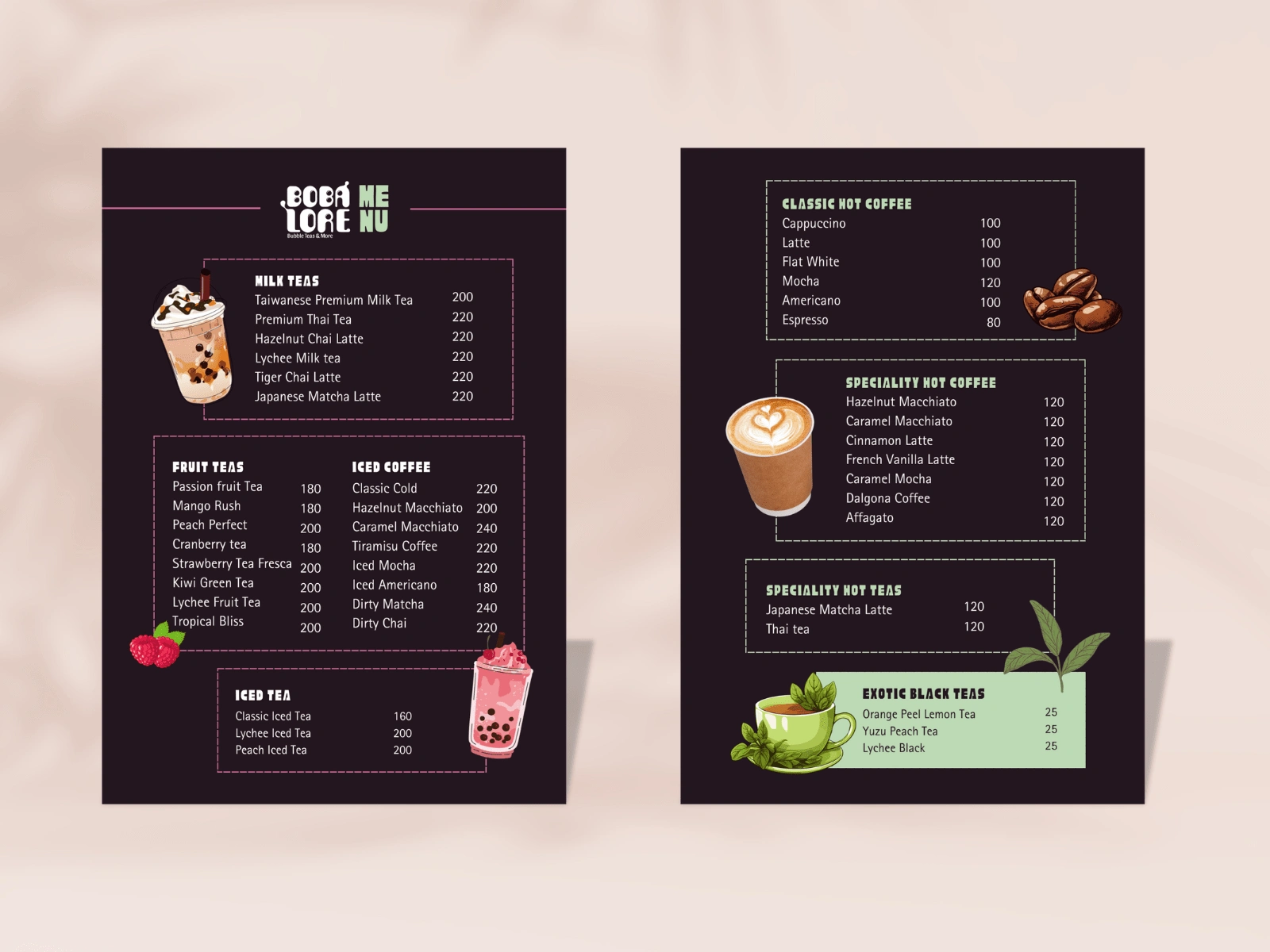 I designed a 3-page menu that includes over 50 different types of beverages offered by their store.