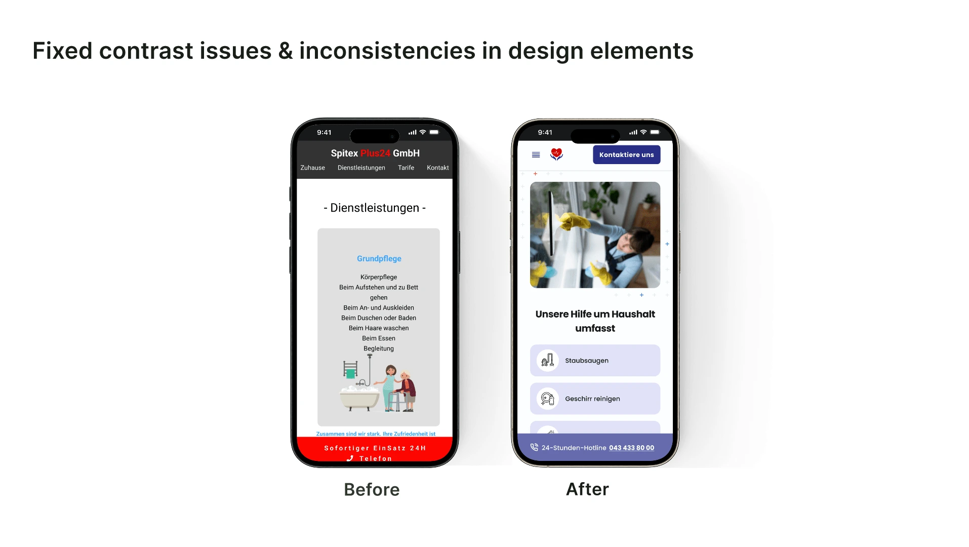 Before / After screens on how I fixed issues & inconsistencies in design elements